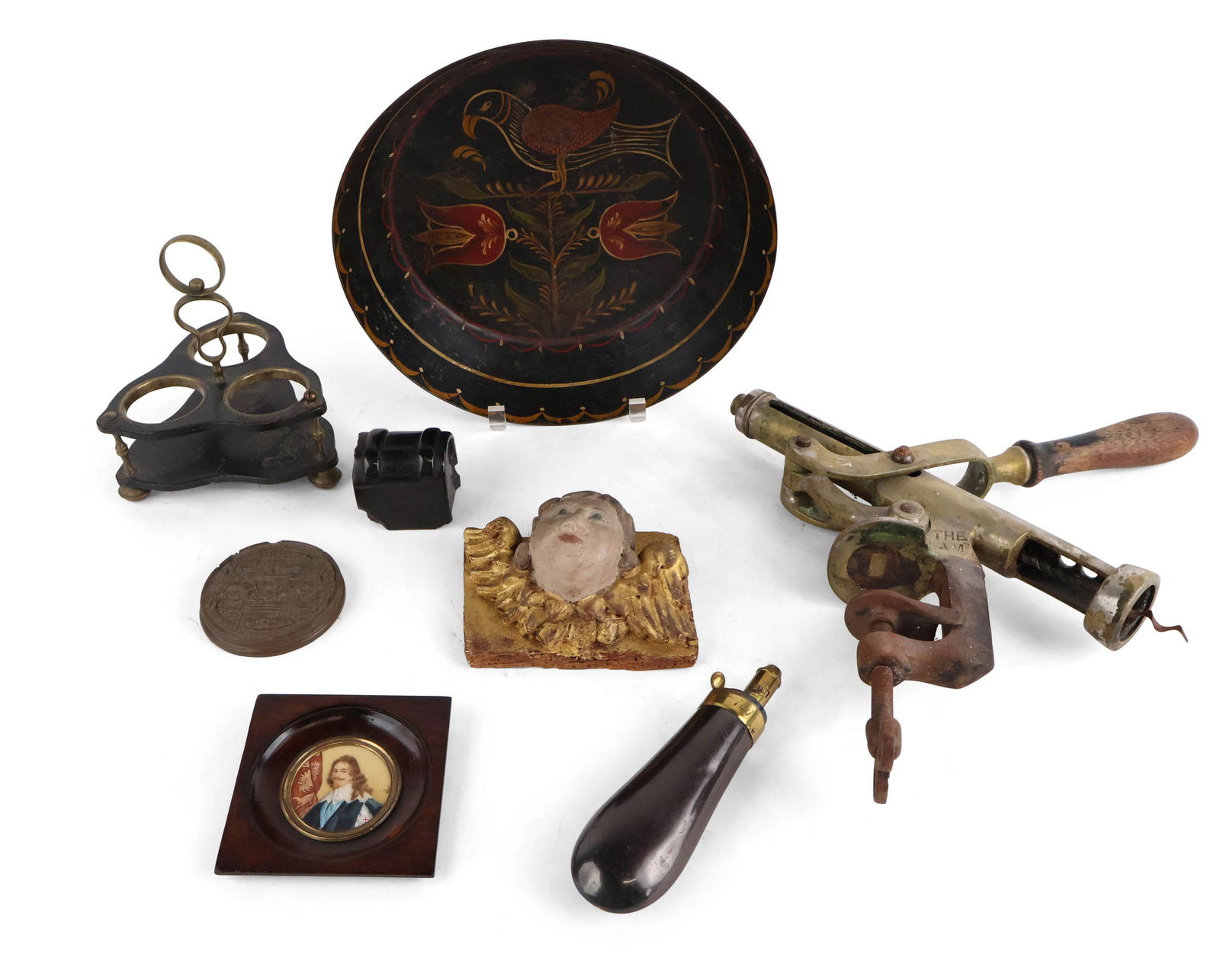 Portrait Miniature of King Charles I: Portrait Miniature of King Charles I Together with a bag form powder horn, a bar mounted corkscrew inscribed "The Slam", a tole bowl, a tripartite stand, a black carved book-form object, a replica of