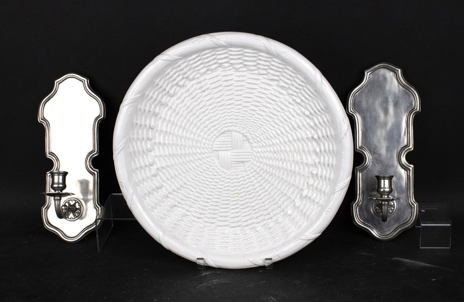 Tiffany & Co. White Porcelain Basketweave Charger: Tiffany & Co. White Porcelain Basketweave Charger Together with a pair of pewter Pierre Deux one light wall sconces. Sconces: 12 1/4 x 4 3/4 x 4 1/4 in. (31.1 x 12.1 x 10.8 cm.), Plate: 2 x 15 1/4