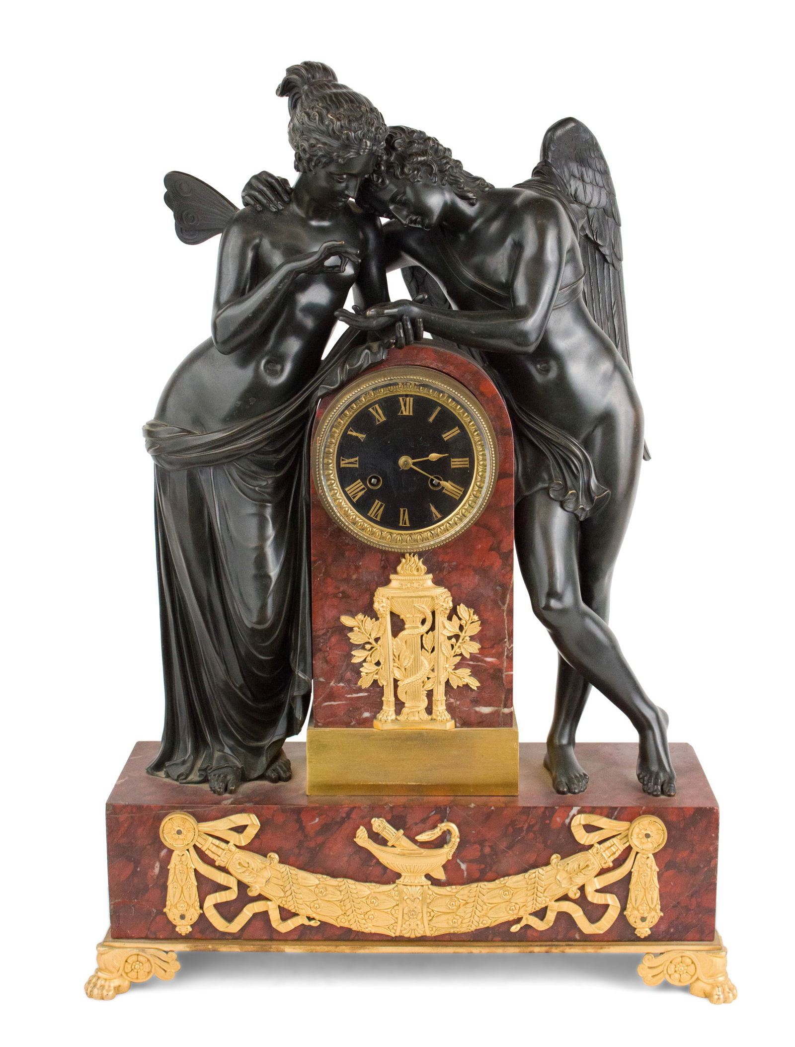 Restauration Ormolu, Patinated Bronze and Rouge Griotte Marble Mantel Clock (1 of 7)