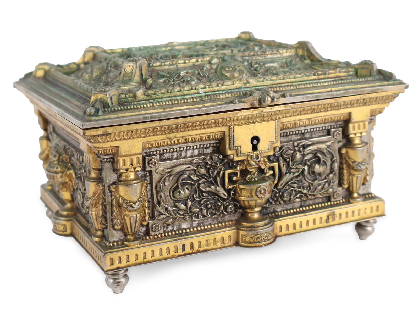 Renaissance Revival Silver Plated Bronze Casket: Renaissance Revival Silver Plated Bronze Casket French, late 19th C. 4 1/2 x 7 1/2 x 6 1/2 in. (11.4 x 19.1 x 16.5 cm.)