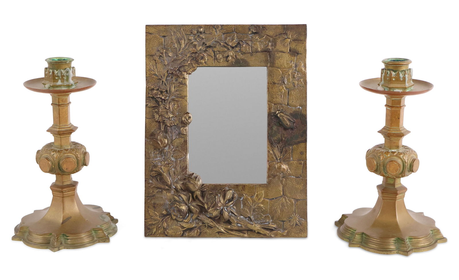 Pair of Victorian Renaissance Revival Style Cast Bronze Candlesticks: Pair of Victorian Renaissance Revival Style Cast Bronze Candlesticks Probably English, late 19th C. Together with a cast bronze table mirror with floral decoration. Sticks: 8 x 5 in. (20.3 x 12.7