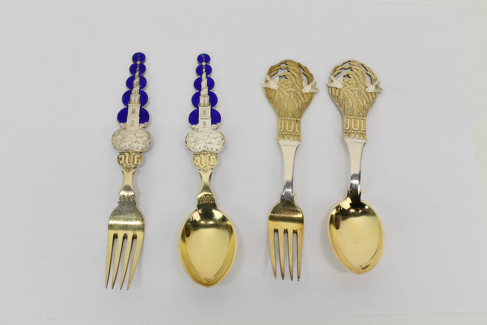 A. Michelsen Danish Sterling Silver Christmas Spoons & Forks: A. Michelsen Danish Sterling Silver Christmas Spoons & Forks A. Michelsen Danish Sterling Silver Christmas Spoons & Forks, 2 sets: one set marked Jul 1924 Sheaf of Grain design with doves designed by