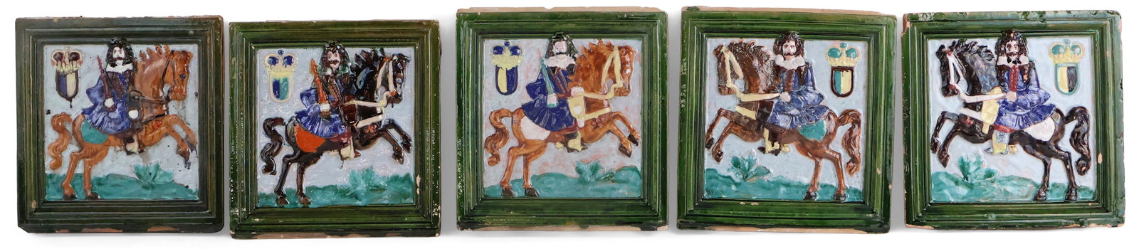 Five Majolica Tiles of Men on Horseback: Five Majolica Tiles of Men on Horseback Varying colors and glazes. Chips, wear, surface distress. 10 1/4 x 9 3/4 x 2 1/4 in. (26 x 24.8 x 5.7 cm.)