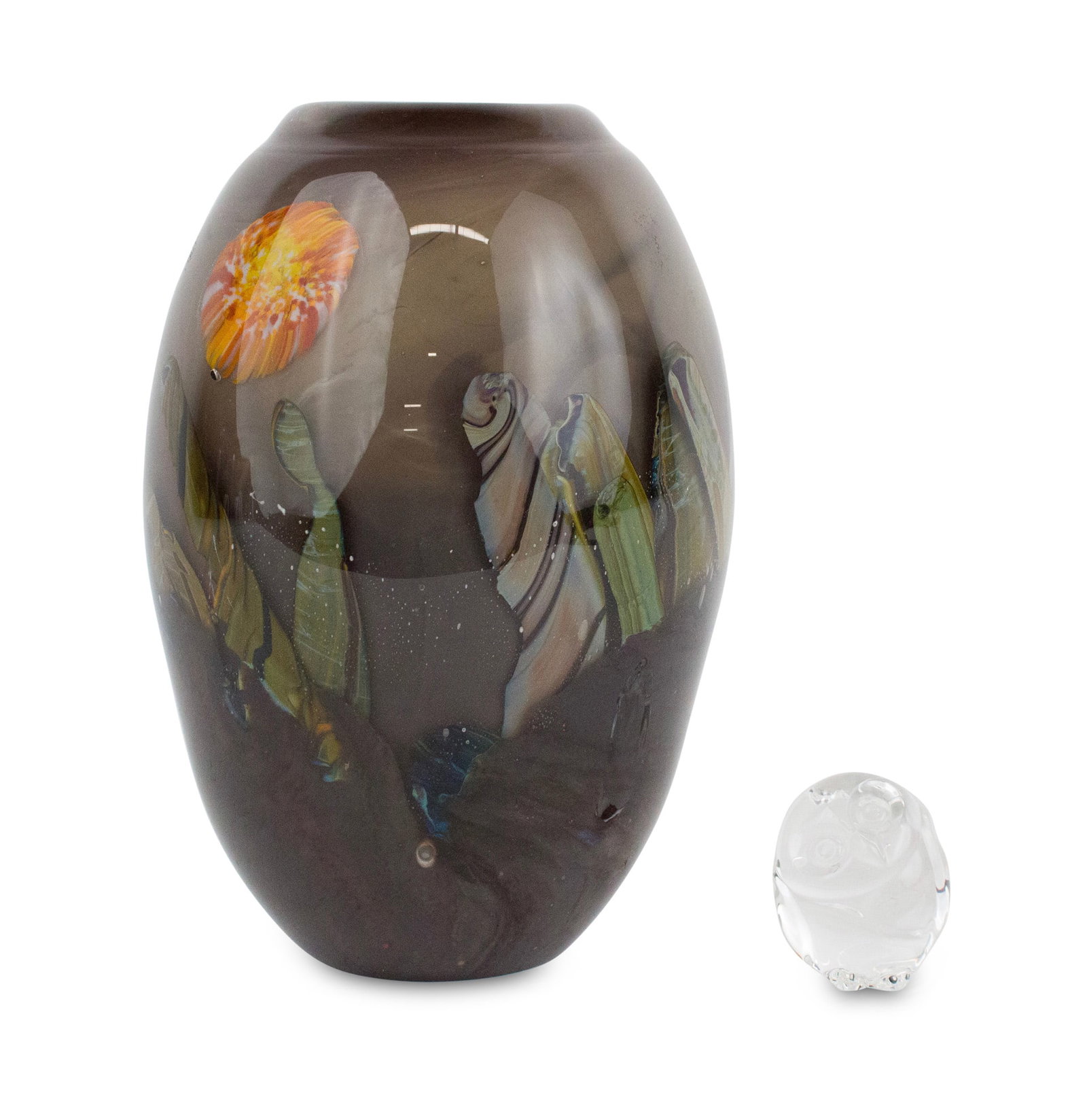 Steuben Crystal Owl: Steuben Crystal OwlTogether with an art glass vase, marked underside.From: 2 1/2 x 2 x 1 1/2 in. (6.4 x 5.1 x 3.8 cm.), to 9 3/4 x 6 1/4 in. (24.8 x 15.9 cm.)