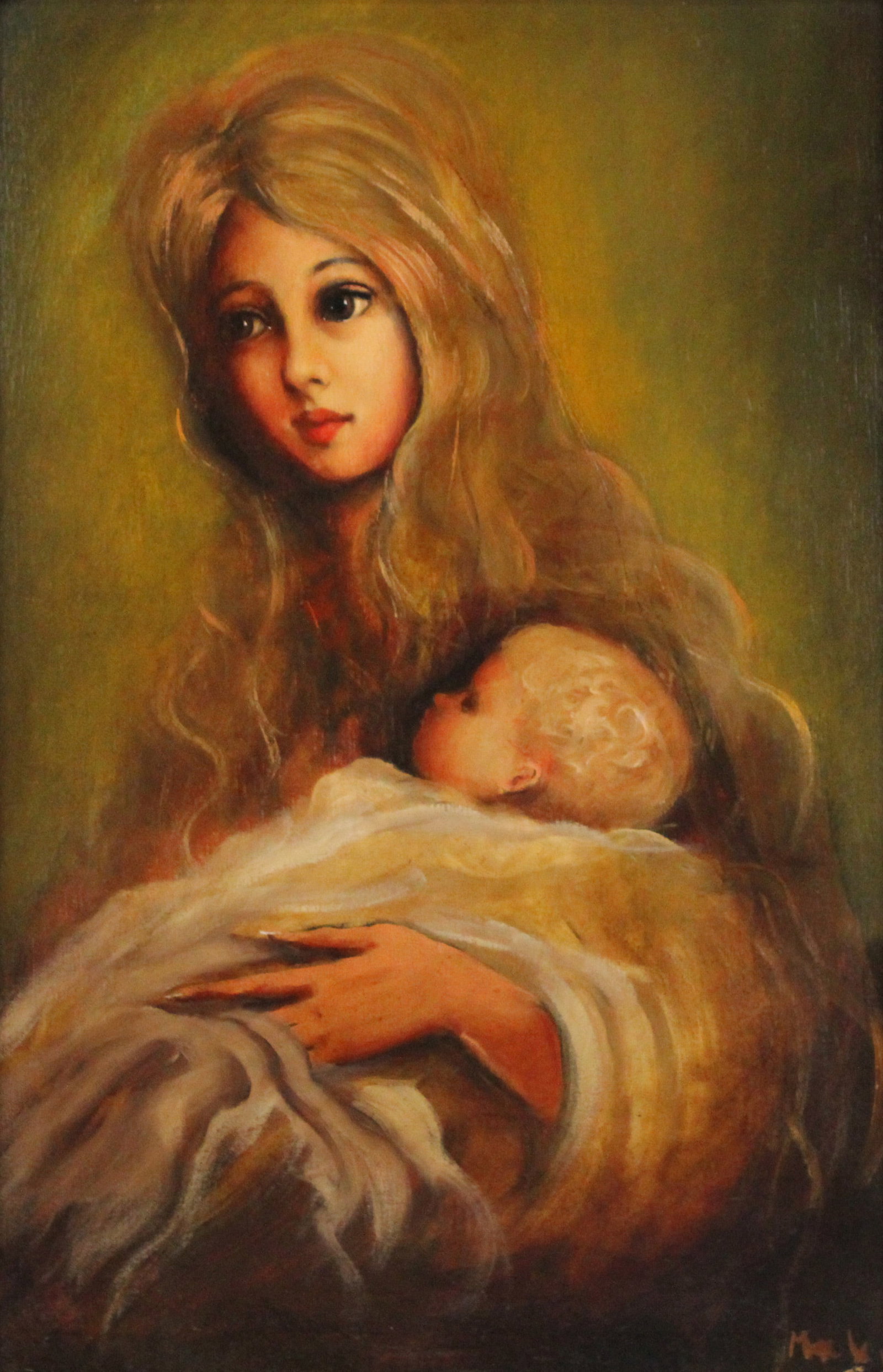 Mother and Child, Oil on Board: Mother and ChildOil on Board20th/21st C. signed l.r. "Maxi (?)".Sight: 24 1/2 x 16 in. (62.2 x 40.6 cm.), Frame: 34 1/4 x 25 3/4 in. (87 x 65.4 cm.)
