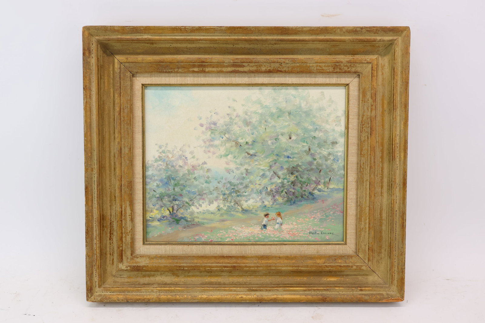 Alanta Krawor, Children in Spring Landscape, Oil on Canvas: Alanta KraworChildren in Spring LandscapeOil on CanvasSigned l.r.Sight: 10 1/2 x 13 1/2 in. (26.7 x 34.3 cm.), Frame: 18 x 21 in. (45.7 x 53.3 cm.)