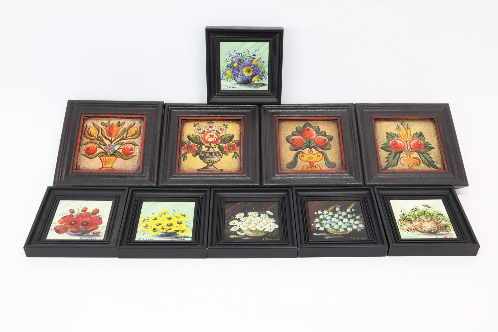 Six Still Life Oils on Board: Six Still Life Oils on BoardAll signed l.r. Together with four Folk Art style framed paintings, Eastern European. Used condition, wear, wornLargest: 5 3/4"h x 5 3/4"w x 1 1/8"d