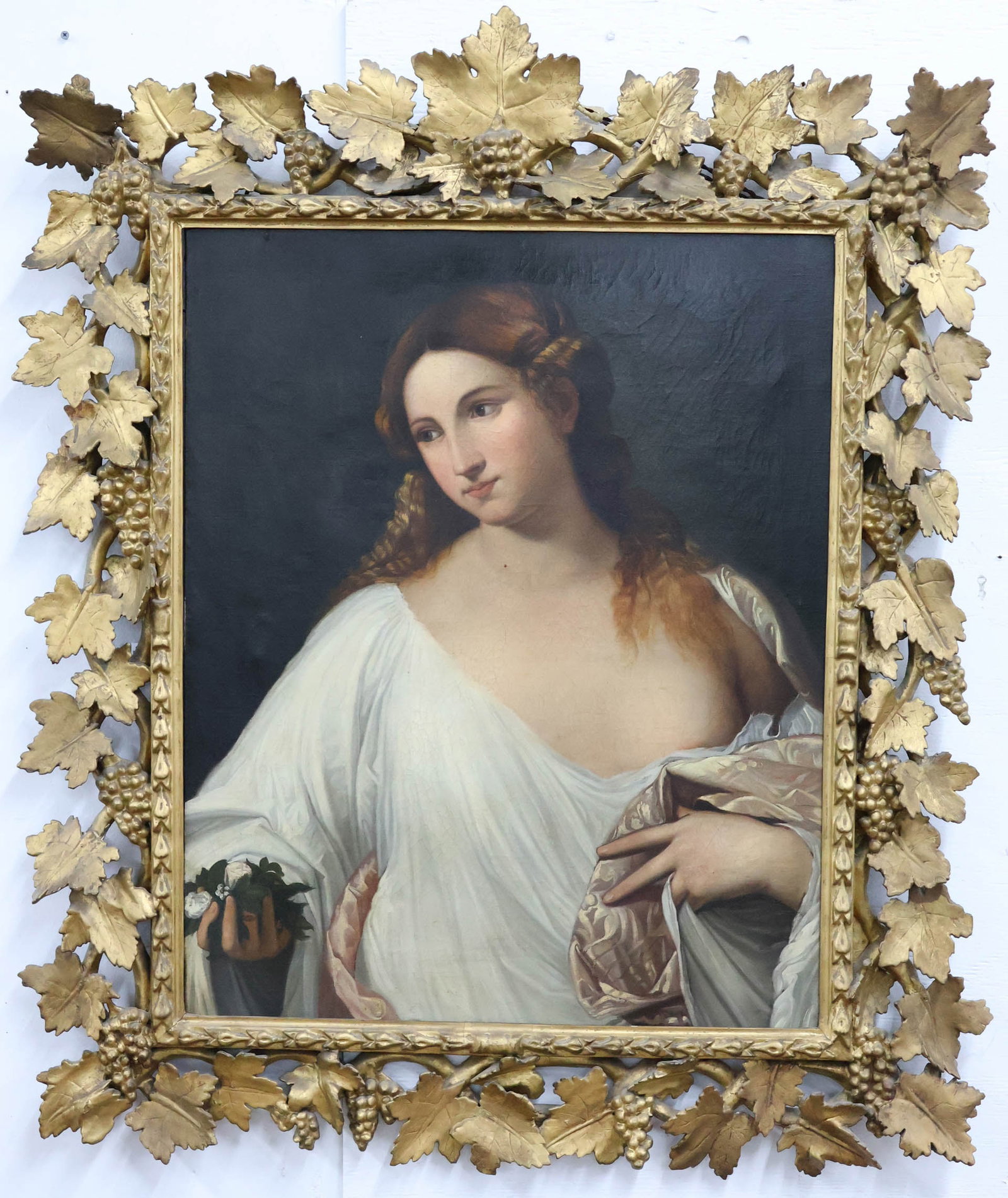 Antique Venetian Renaissance Style Oil on Canvas of Flora: Antique Venetian Renaissance Style Oil on Canvas of FloraAntique Venetian Renaissance Style Oil on Canvas of Flora, appears to be unsigned, after Titian Tiziano Vecellio. Mounted in ornately carved gr