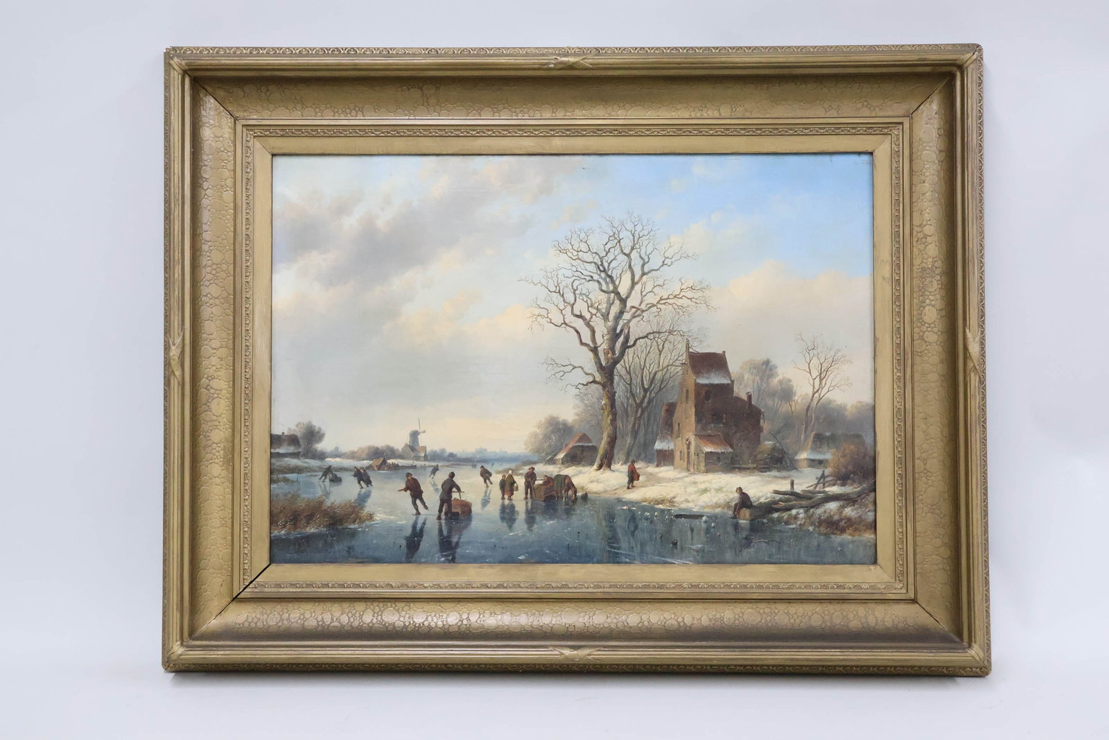 Antique Willem Vester Oil on Canvas of Ice Skaters on Pond - 2