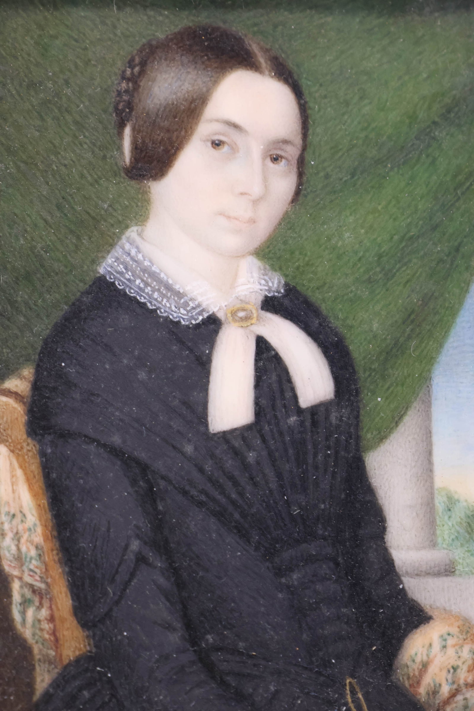 Portrait of Woman on Porcelain in Wood Frame: Portrait of Woman on Porcelain in Wood FramePortrait of Woman on Porcelain Plaque in Wood Frame, wearing a black dress with lace collar and a braided hair bun; used condition, wear/worn, frame appears