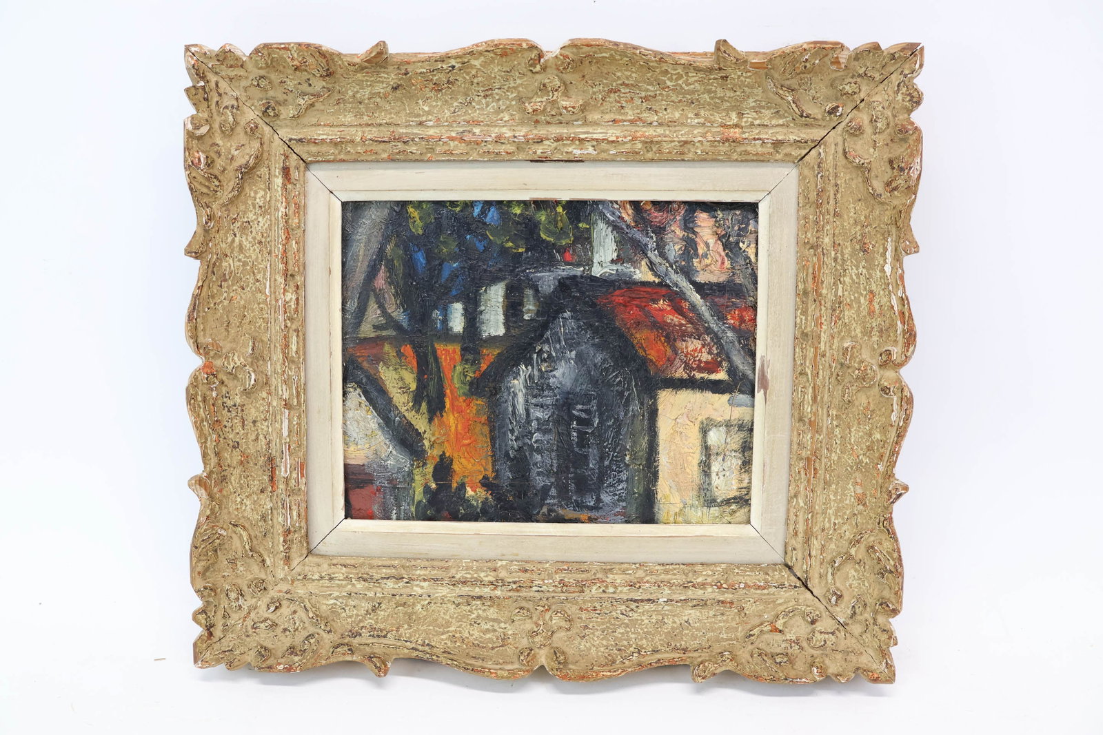 Sacha Moldovan Oil on Canvas: Sacha Moldovan Oil on CanvasSacha Moldovan Oil on Canvas of a house, laid down on board, appears to be unsigned, believed to be a fragment of a larger painting trimmed down, impasto, in an ornate wood