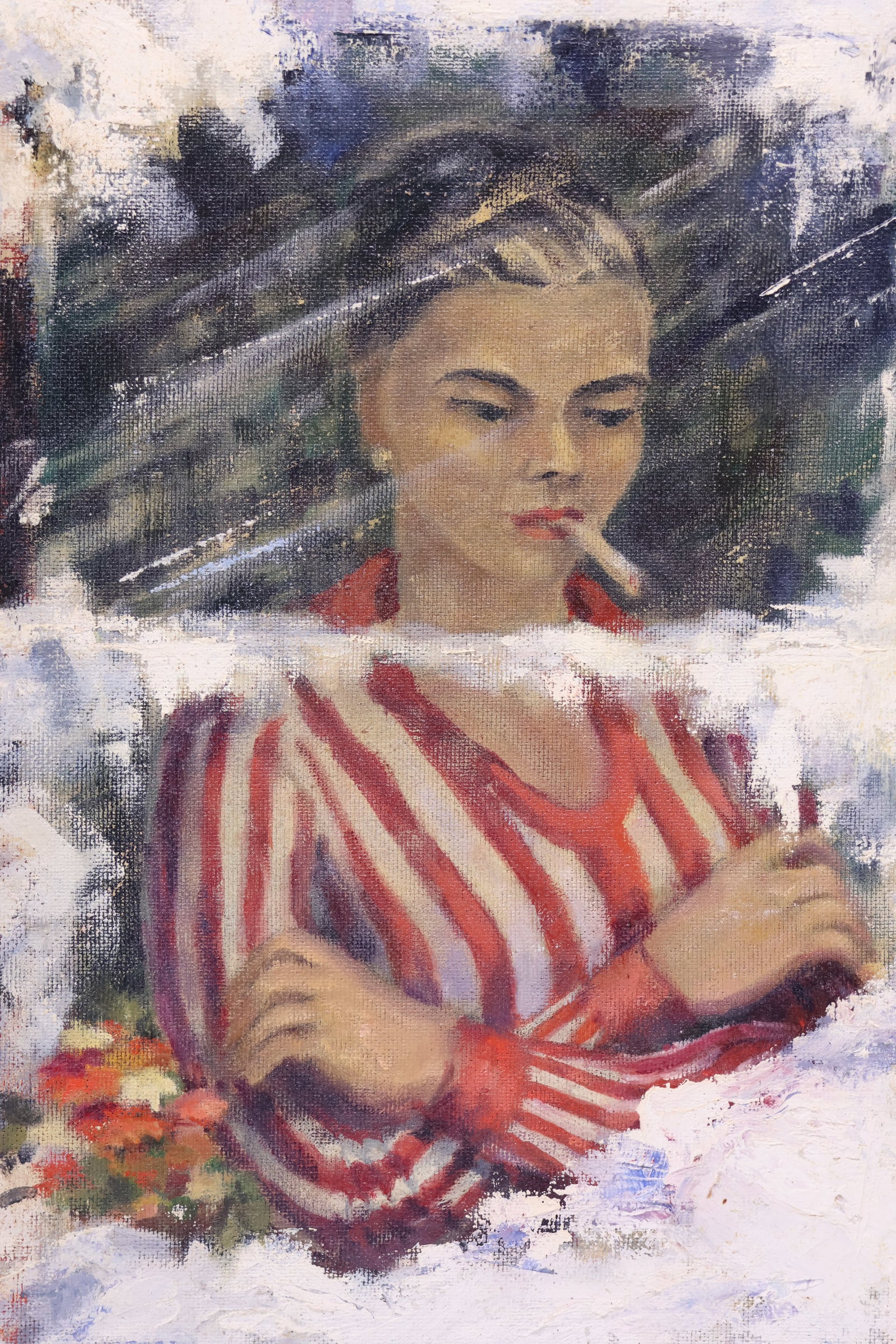 Clare Connell Oil on Canvas Board Portrait: Clare Connell Oil on Canvas Board PortraitClare Connell Oil on Canvas Board Portrait of Smoking Woman. Signed by artist Clare O Connell lower right. Used condition, wear, worn, frame losses. Overall f