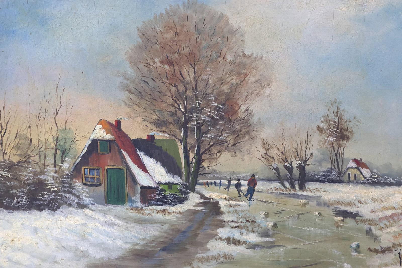 Oil on Board of Winter Landscape: Oil on Board of Winter LandscapeOil on Board of Winter Landscape of Ice Skaters and Homestead. Signed by artist Lower right Lapin. Used condition, wear, worn, frame losses. framed size 23" x 31" x 2 1