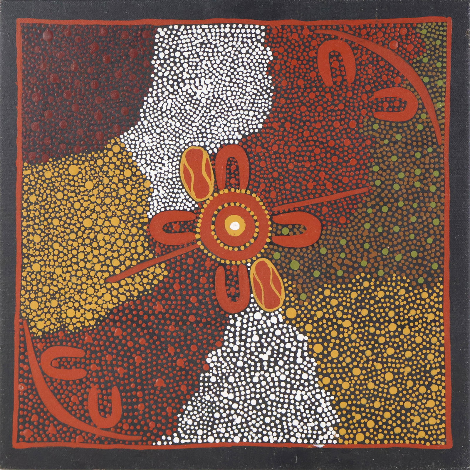 Therese Ryder, 1946-, Women Preparing for Bush Food Hunting, Oil on Canvas: Therese Ryder 1946- Women Preparing for Bush Food Hunting Oil on Canvas Aboriginal artist from Eastern Arrernte (Aranda), Santa Teresa, SE Alice Springs NT. 13 x 13 in. (33 x 33 cm.)