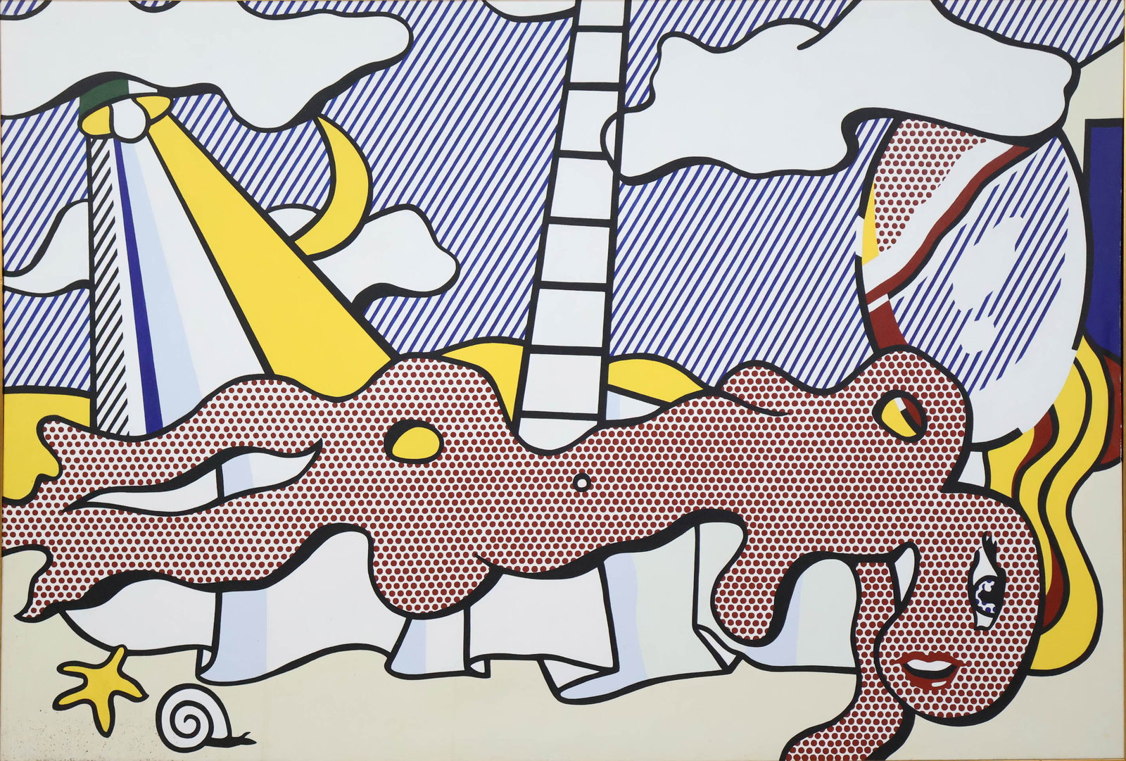 After Roy Lichtenstein, 1923-1997, Reclining Bather, Print on Canvas: After Roy Lichtenstein 1923-1997 Reclining Bather Print on Canvas Unsigned and unmarked. Sight: 44 1/4 x 66 1/4 in. (112.4 x 168.3 cm.), Frame: 46 x 68 1/2 in. (116.8 x 174 cm.)