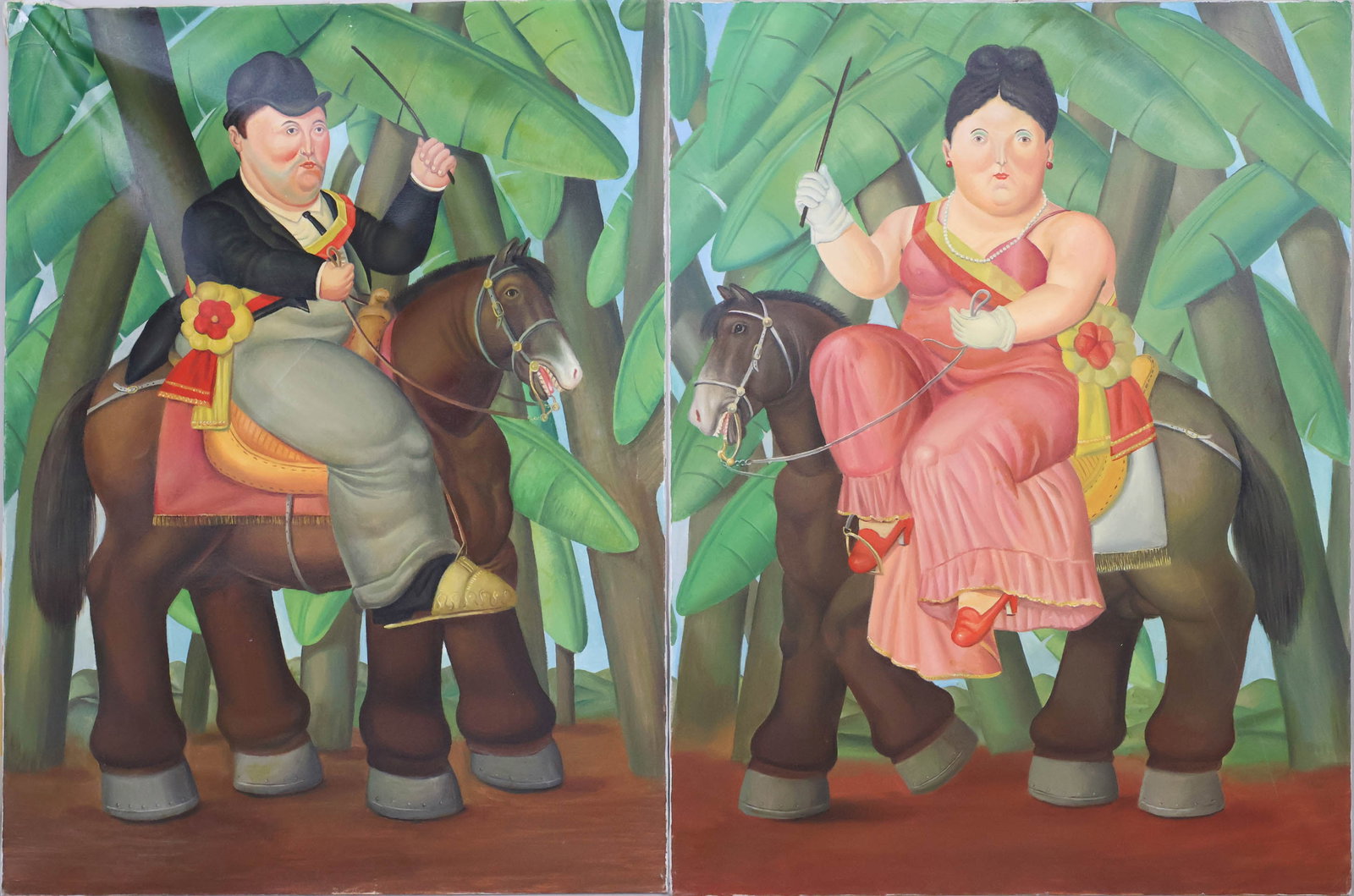 After Fernando Botero, Colombian 1932-2023, The President and First Lady, Print on Canvas: After Fernando Botero Colombian, 1932-2023 The President and First Lady Print on Canvas Copies of the originals, One stretcher broken. surface distress. 39 1/4 x 30 in. (99.7 x 76.2 cm.)