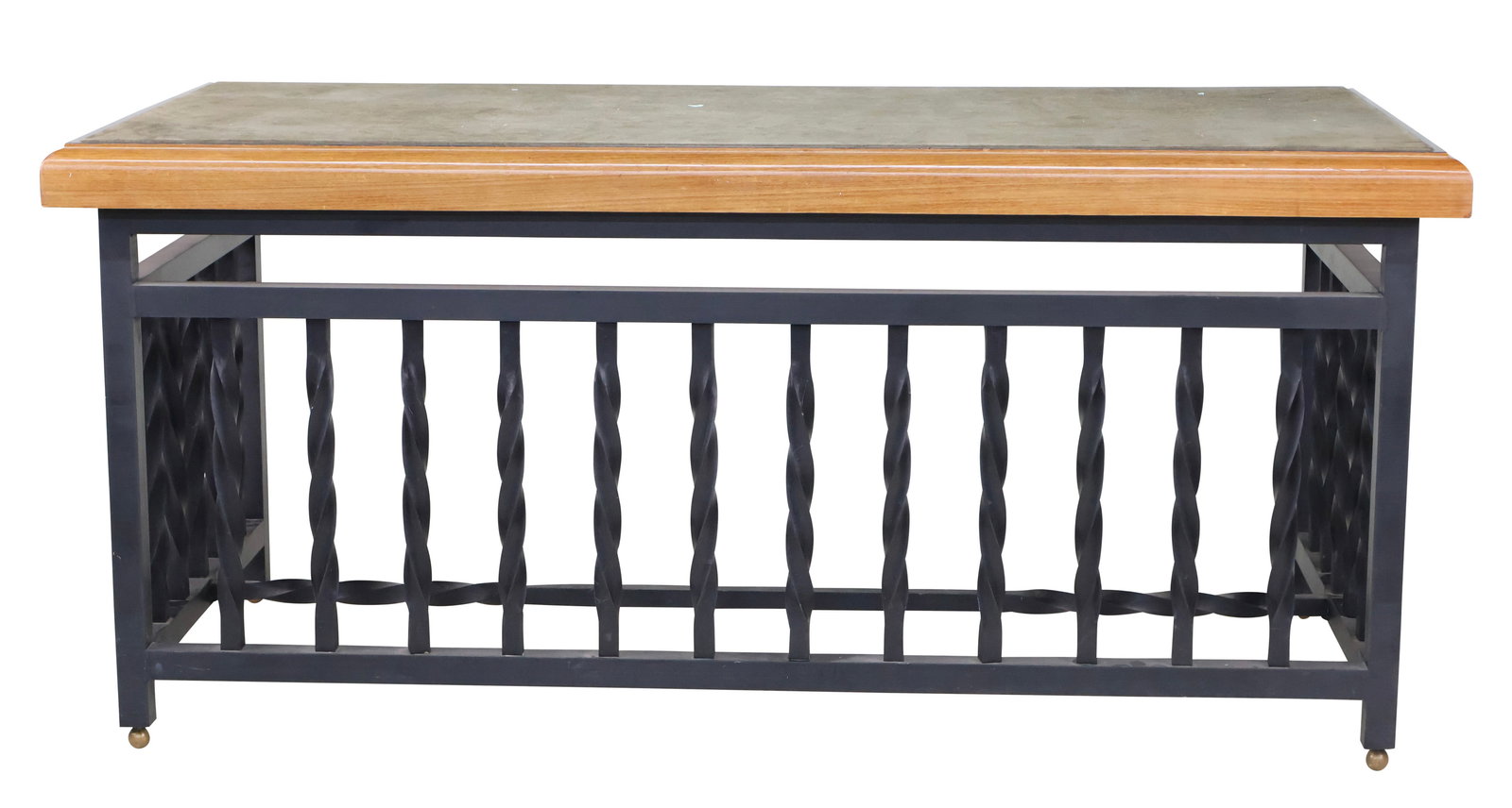 Art Nouveau Suede Inset Oak and Metal Table: Art Nouveau Suede Inset Oak and Metal Table20th C.30 1/2 x 66 x 30 in. (77.5 x 167.6 x 76.2 cm.)