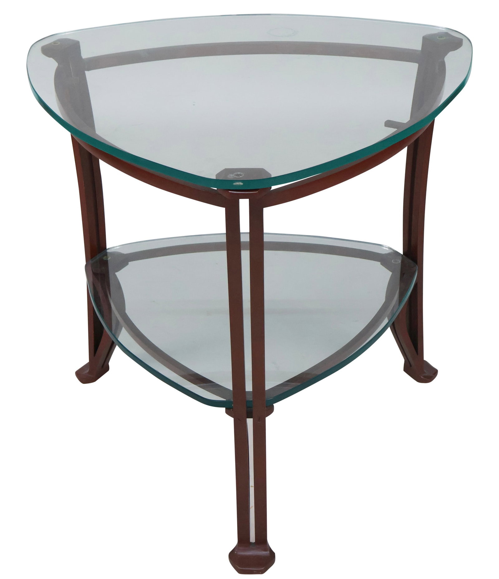 Modern Painted Metal Glass Top Two Tiered Side Table: Modern Painted Metal Glass Top Two Tiered Side Table 20th C. of shaped triangular form. 25 1/4 x 27 1/2 in. (64.1 x 69.9 cm.)