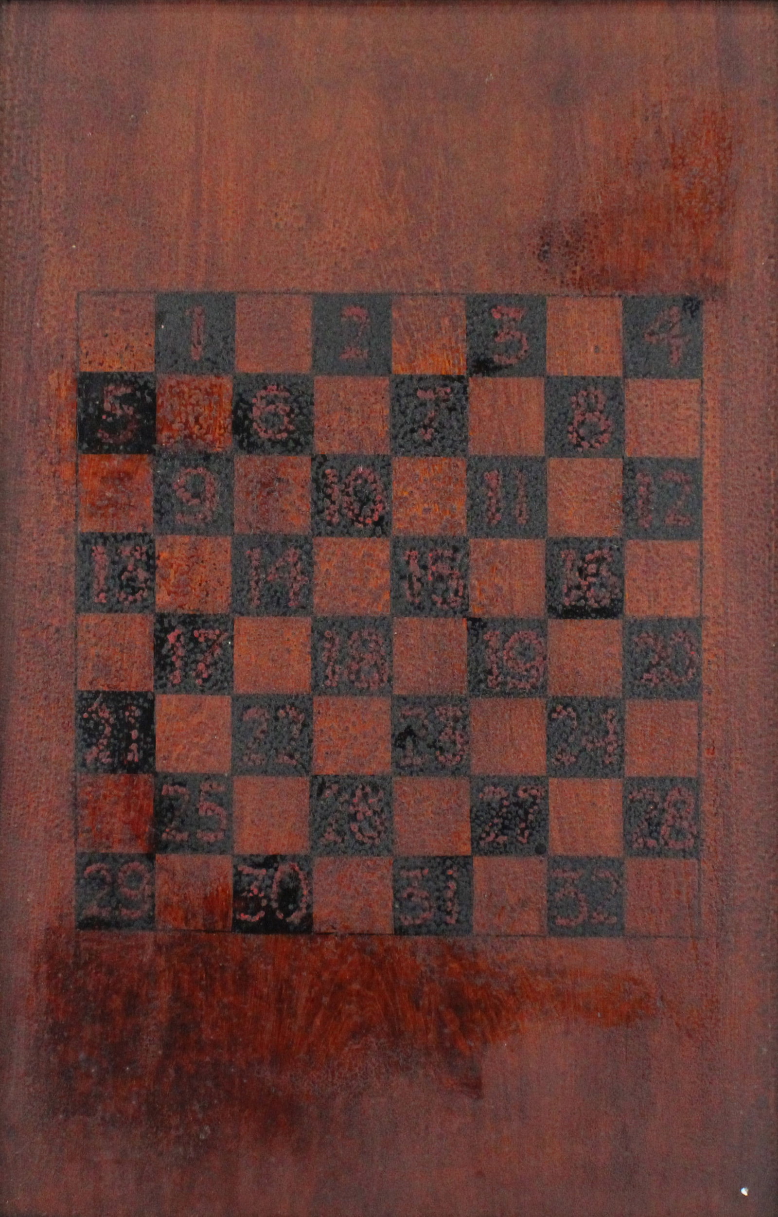 Red and Black Painted Correspondence Gameboard: Red and Black Painted Correspondence GameboardC. 1890, this type of gameboard was supposedly used for playing checkers games by mail.Surface distress.29 1/2 x 20 1/4 in. (74.9 x 51.4 cm.)