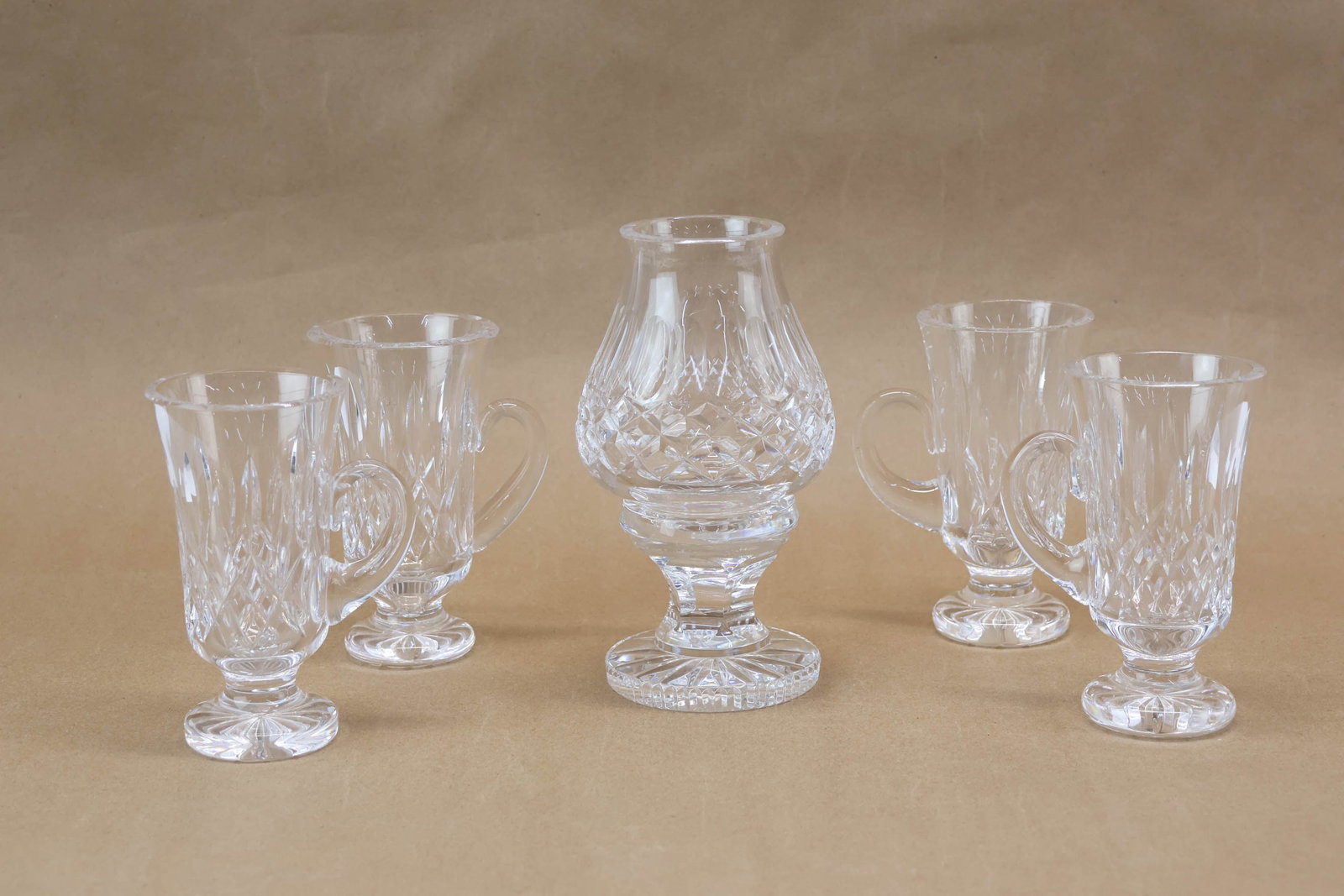 Two Pairs of Waterford Lismore Irish Coffee Mugs: Two Pairs of Waterford Lismore Irish Coffee Mugs Two Pairs of Waterford Lismore Irish Coffee Mugs 5 3/8" tall with boxes each measure 9 1/4" x 5" x 9 1/4". Together a Waterford Colleen small