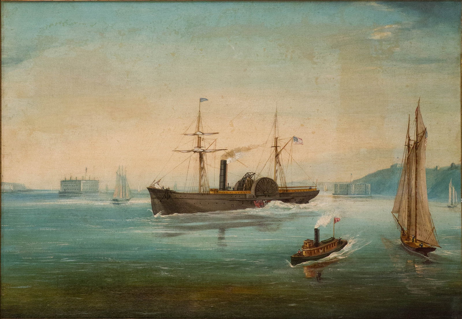 Ships in New York Harbor, Oil on Canvas: Ships in New York HarborOil on CanvasAppears to be unsigned, 19th C. Professionally conserved by Dante deFlorio Jr.Sight: 13 1/2 x 19 1/2 in. (34.3 x 49.5 cm.), Frame: 19 1/4 x 24 3/4 in. (48.9 x 62.9