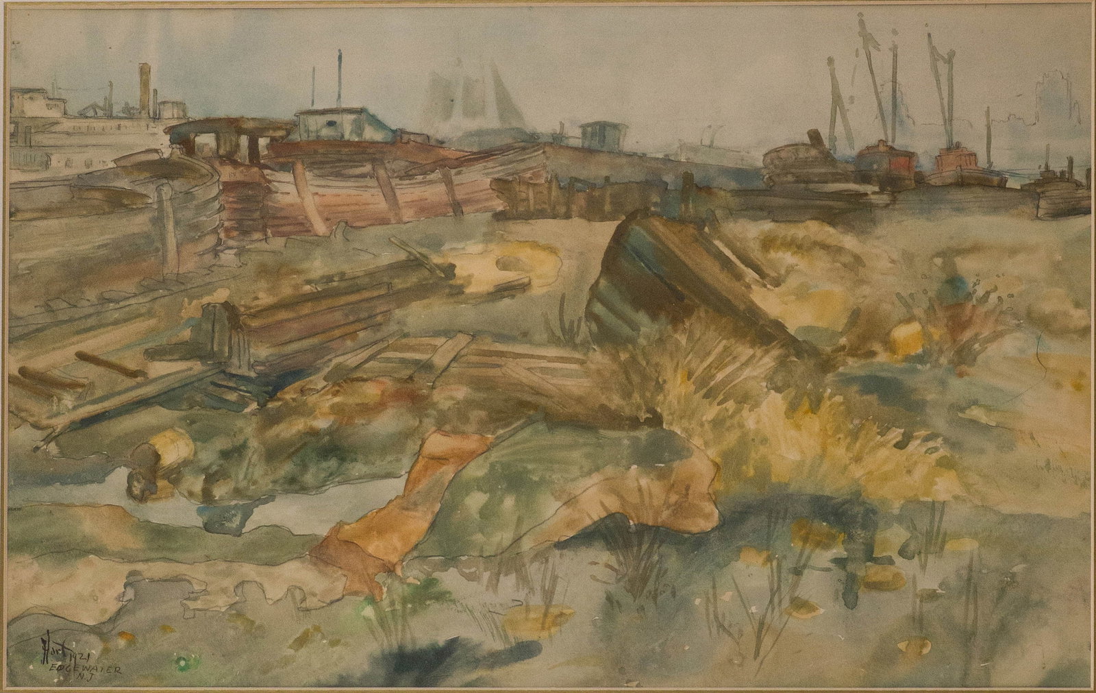 Pop (George Overbury) Hart, 1868-1933, Derelicts-Edgewater, Watercolor on Paper: Pop (George Overbury) Hart1868-1933Derelicts-EdgewaterWatercolor on PaperLaid down on cardboard, dated 1921, signed l.l. Exhibited at the Newark Museum's "Pop" Hart Retrospective in 1935; is ex-collec