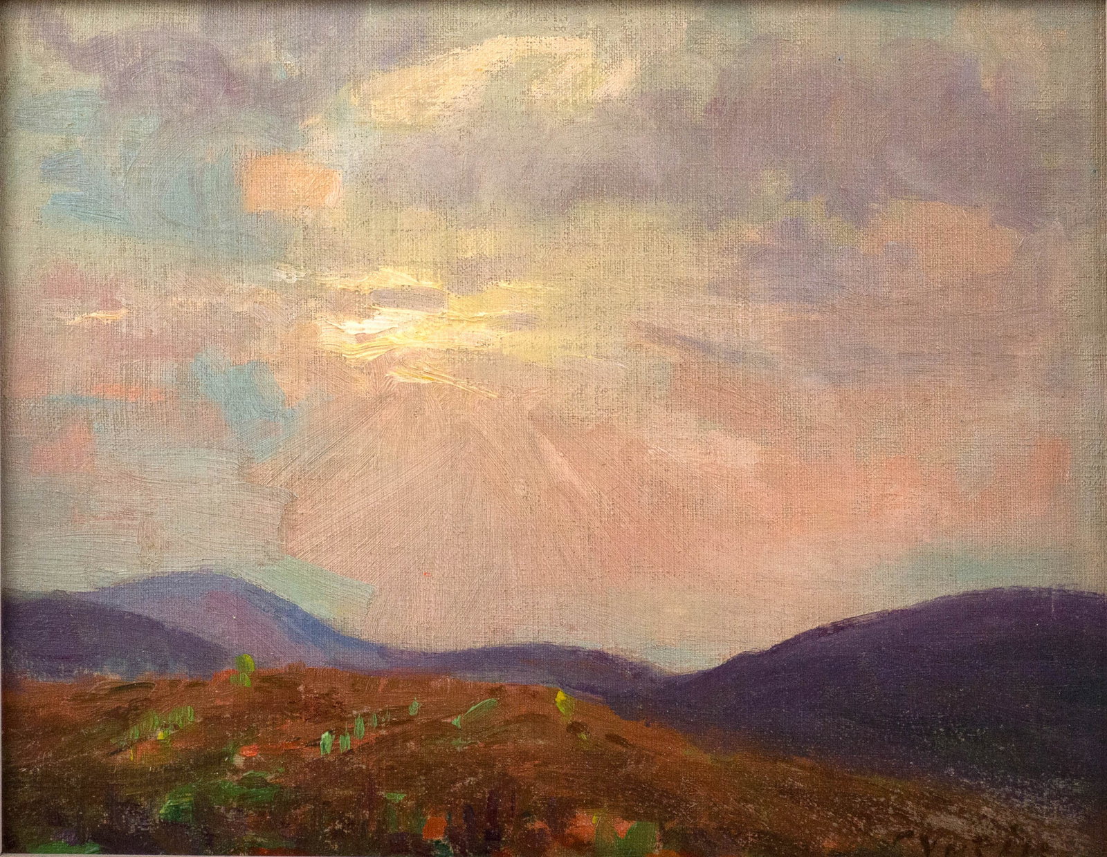Charles Vezin, 1858-1942, Early Evening, Oil on Board: Charles Vezin 1858-1942 Early Evening Oil on Board Signed l.r., titled on label verso. Sight: 7 3/8 x 9 1/2 in. (18.7 x 24.1 cm.), Frame: 14 3/4 x 17 in. (37.5 x 43.2 cm.)