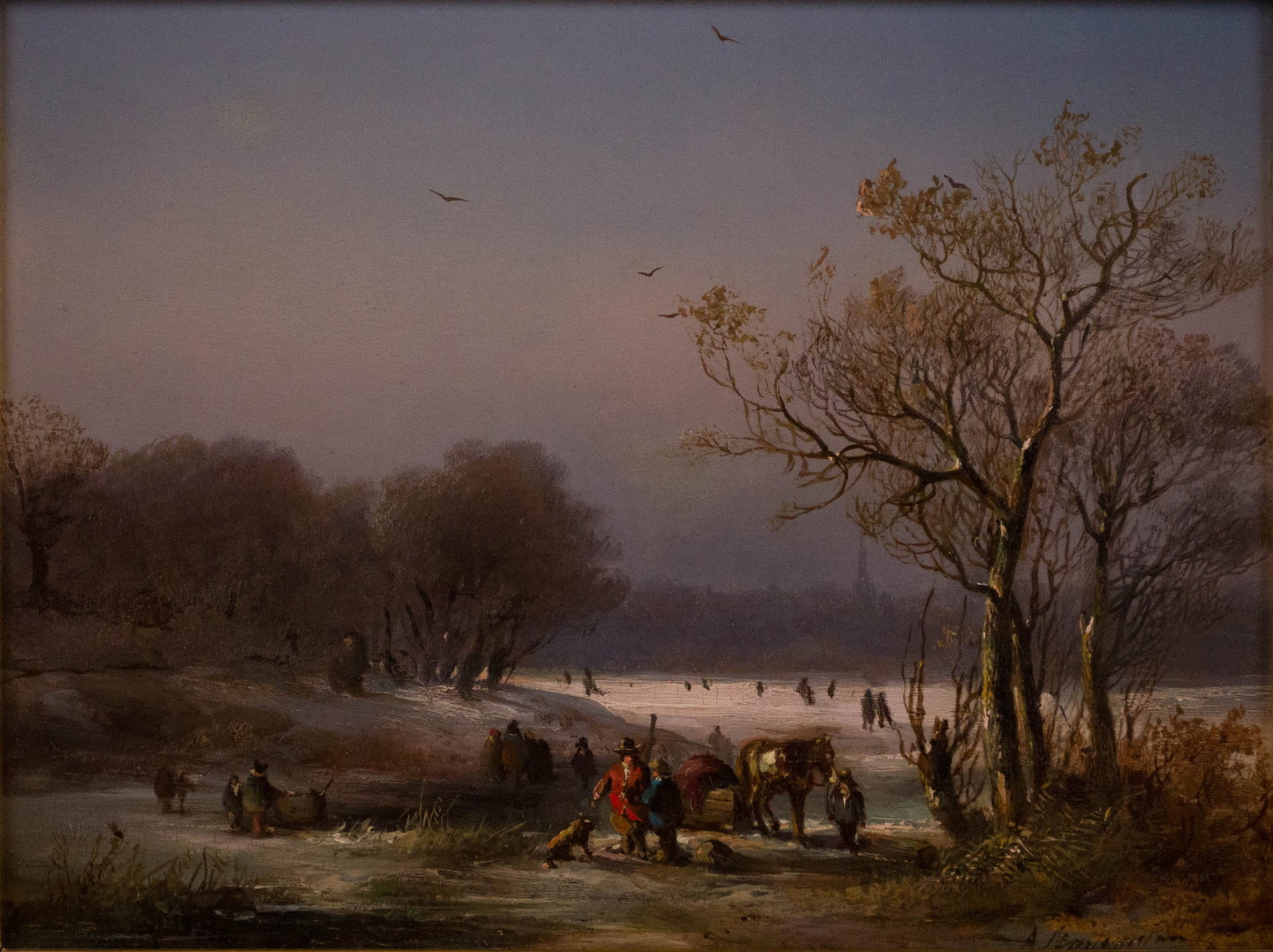 Dutch Winter Scene, Oil on Board: Dutch Winter SceneOil on BoardEuropean, 19th C. Signed illegibly l.r. possibly Andreas Schelfhout.Sight: 7 3/4 x 10 1/2 in. (19.7 x 26.7 cm.), Frame: 17 x 19 3/4 in. (43.2 x 50.2 cm.)