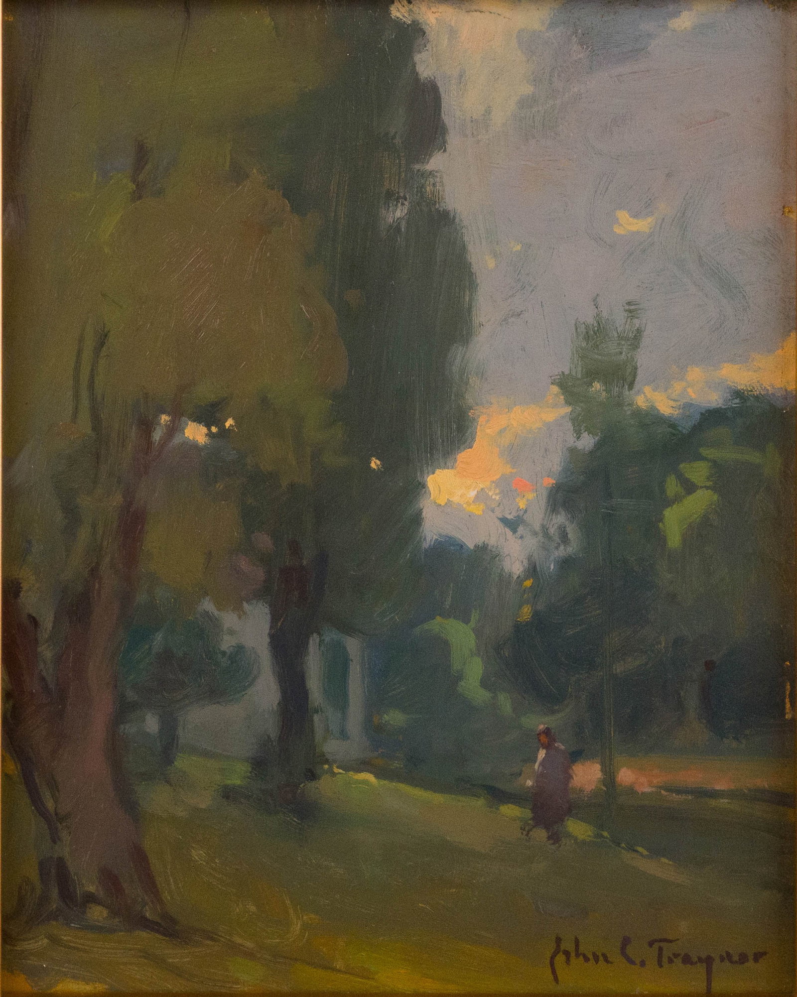 John Traynor, American 1961-, Figures in Landscape, Oil on Board: John Traynor American, 1961- Figures in Landscape Oil on Board Signed l.r. Sight: 9 1/2 x 7 1/2 in. (24.1 x 19.1 cm.), Frame: 16 3/4 x 14 3/4 in. (42.5 x 37.5 cm.)