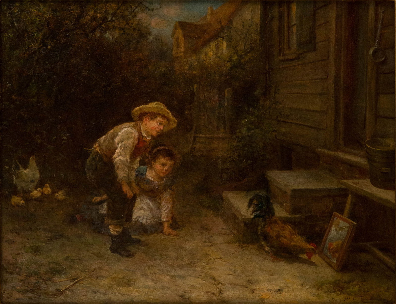 James Crawford Thom, 1835-1898, Children and Chickens, Oil on Canvas: James Crawford Thom1835-1898Children and ChickensOil on CanvasSigned l.r. "Jas. C. Thom 1881."Sight: 13 1/4 x 17 1/4 in. (33.7 x 43.8 cm.), Frame: 17 1/4 x 21 1/4 in. (43.8 x 54 cm.)