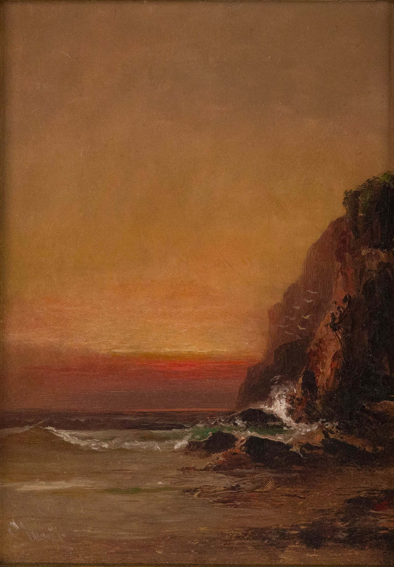 Alexander Charles Stuart, 1831-1898, Sunset Seascape, Oil on Board: Alexander Charles Stuart 1831-1898 Sunset Seascape Oil on Board Signed l.l. "Stuart". Losses to paint. Sight: 13 1/2 x 9 1/2 in. (34.3 x 24.1 cm.), Frame: 20 1/4 x 16 1/4 in. (51.4 x 41.3 cm.)