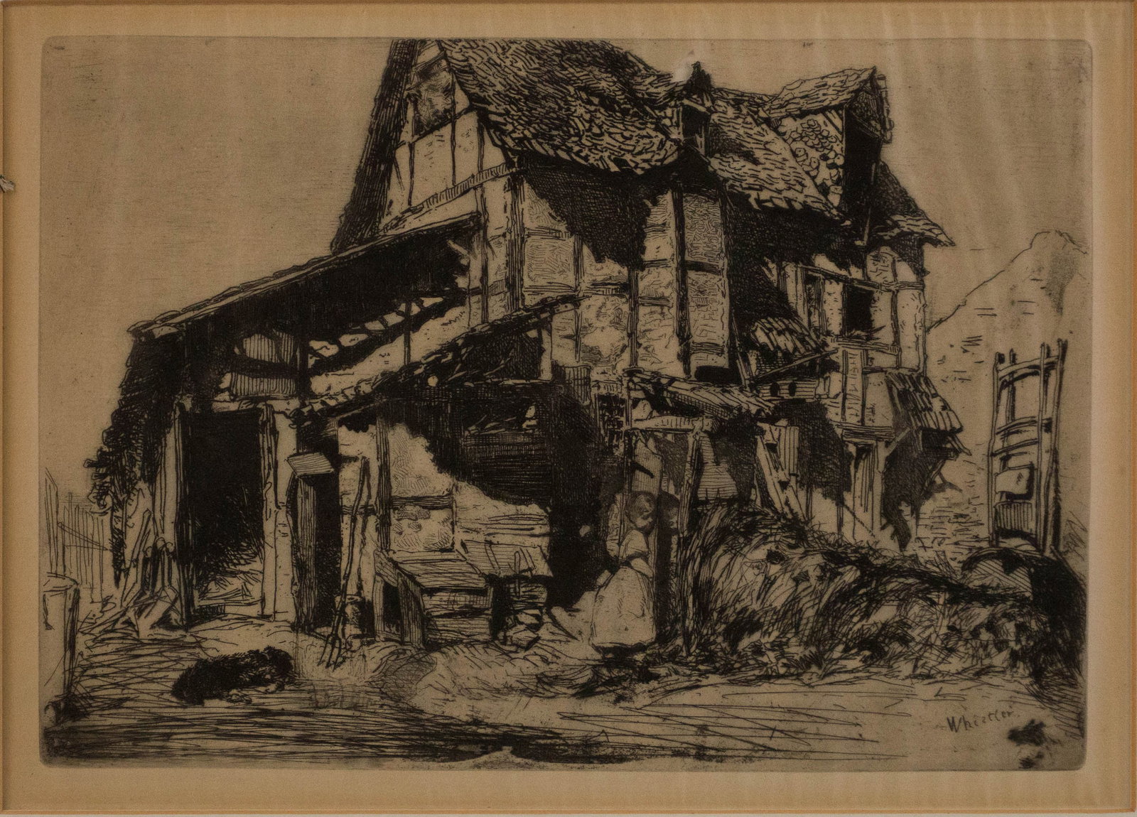 James Abbott McNeill Whistler, 1834-1903, The Unsafe Tenement, Etching: James Abbott McNeill Whistler 1834-1903 The Unsafe Tenement Etching Original etching, one of the French series. Sight: 7 x 9 1/2 in. (17.8 x 24.1 cm.), Frame: 13 3/4 x 16 1/2 in. (34.9 x 41.9 cm.) 