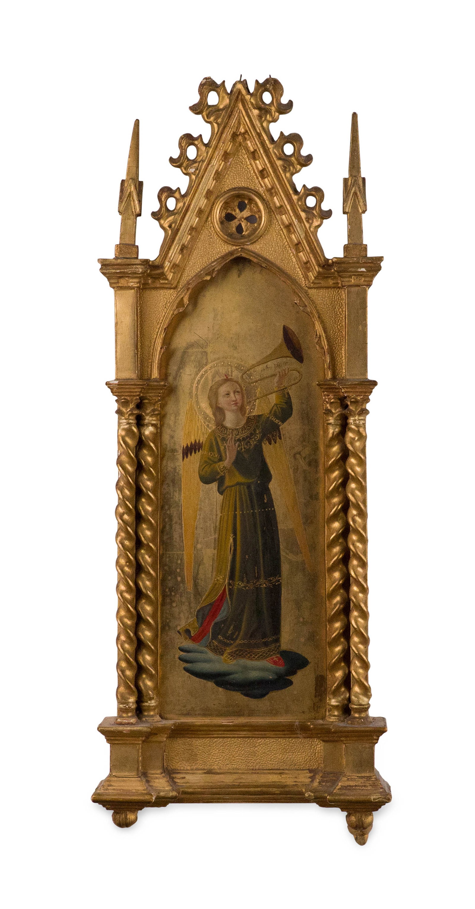 After Fra Angelico, Religious Icon Painting: After Fra Angelico, Religious Icon Painting Depicting an angel with horn, in elaborate gilt frame. Losses, surface distress. 26 x 10 x 2 1/2 in. (66 x 25.4 x 6.4 cm.)