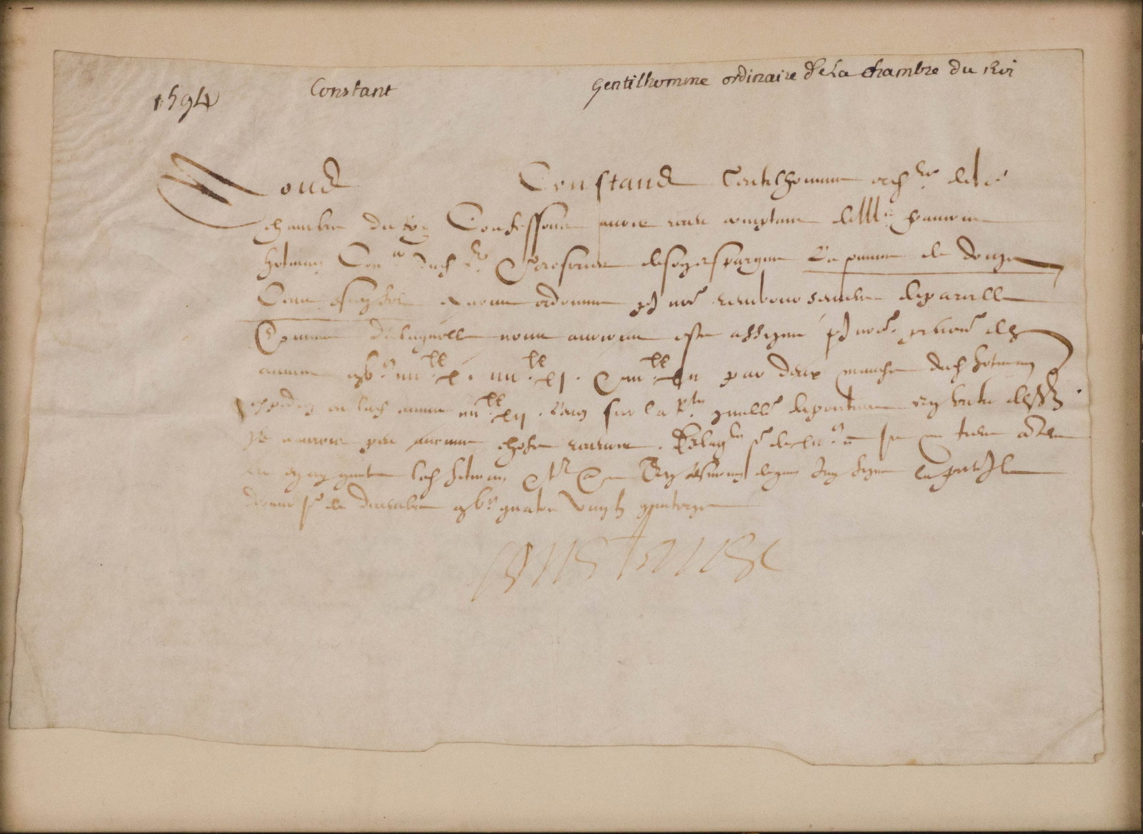 Receipt to Francois Hotman, Advisor to the King of France: Receipt to Francois Hotman, Advisor to the King of France From the Gentleman of the King's Chamber, Francois Hotman was the treasurer c. 1590-1592, on vellum. Fading. Sight: 6 1/2 x 10 1/4 in. (16.5