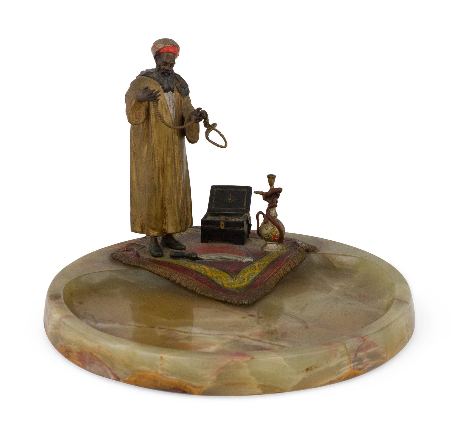 Cold Painted Vienna Bronze on Onyx Tray Base: Cold Painted Vienna Bronze on Onyx Tray Base Early 20th C. depicting a Middle Eastern man, with hookah, crest, and sword. 7 1/4 x 9 1/4 x 9 1/2 in. (18.4 x 23.5 x 24.1 cm.)