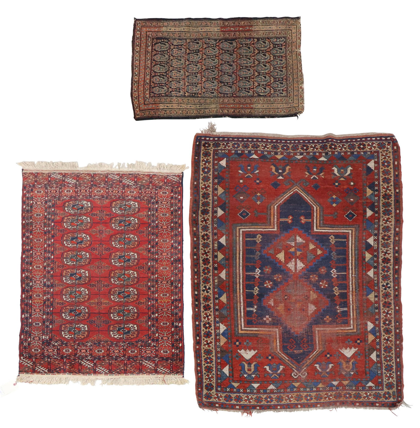 Three Assorted Rugs: Three Assorted RugsHamandan rug, a kazak rug, and a tekke rug.35 1/2 x 23 3/4, 63 x 41 1/2, and 47 1/2 x 32 1/2