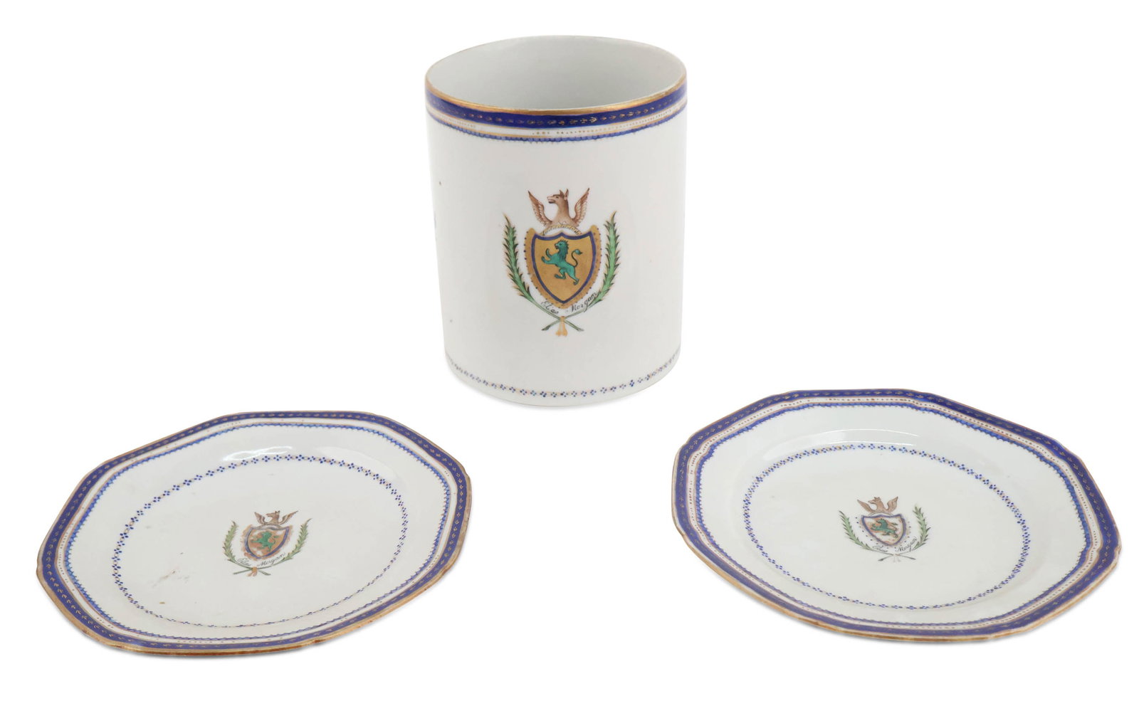 Three Elias Morgan Hartford Chinese Export Porcelain Items: Three Elias Morgan Hartford Chinese Export Porcelain ItemsCirca 1785. Comprising a can and a pair of octagonal dishes.Provenance:Mathew and Elizabeth Sharpe Antiques, Pennsylvania;Property from the Co