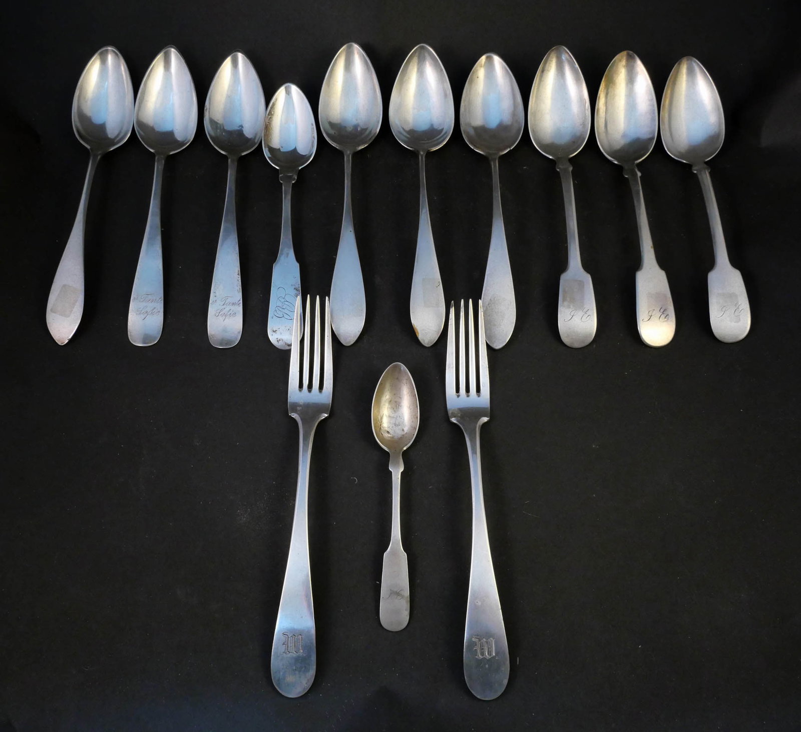 Nine Vintage Silver Tablespoons: Nine Vintage Silver Tablespoons Many marked 13 Loth or coin includingmakers by Talten, Uberle, Trubner, Knickmeier, and two spoons, and two forks by Burcarl. Approx. 17 t.o. 8 in. (20.3 cm.)