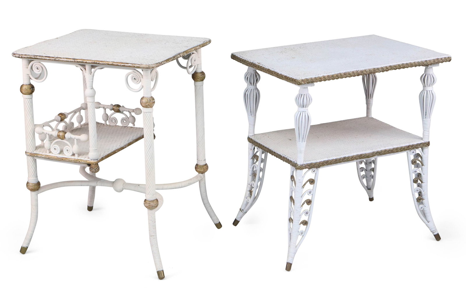 Two Wakefield Rattan Co White Painted and Parcel Gilt Decorated Side Tables: Two Wakefield Rattan Co White Painted and Parcel Gilt Decorated Side TablesOne labeled on underside of platform stretcher, mid 20th C.Provenance: Property from the Contents of Ellistan, Somerset Hills