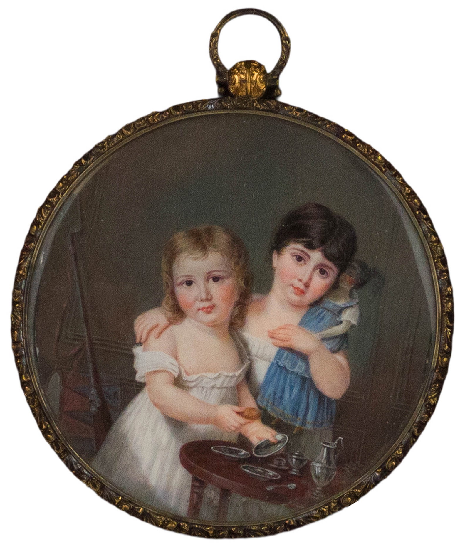 Possibly by John Carlin, Portrait Miniature The Heckscher Children: Possibly by John Carlin, Portrait Miniature The Heckscher ChildrenAmerican, c. 1850, Pauline Desiree Heckscher with her brother Charles August Heckscher. A powerfully rendered portrait of two children