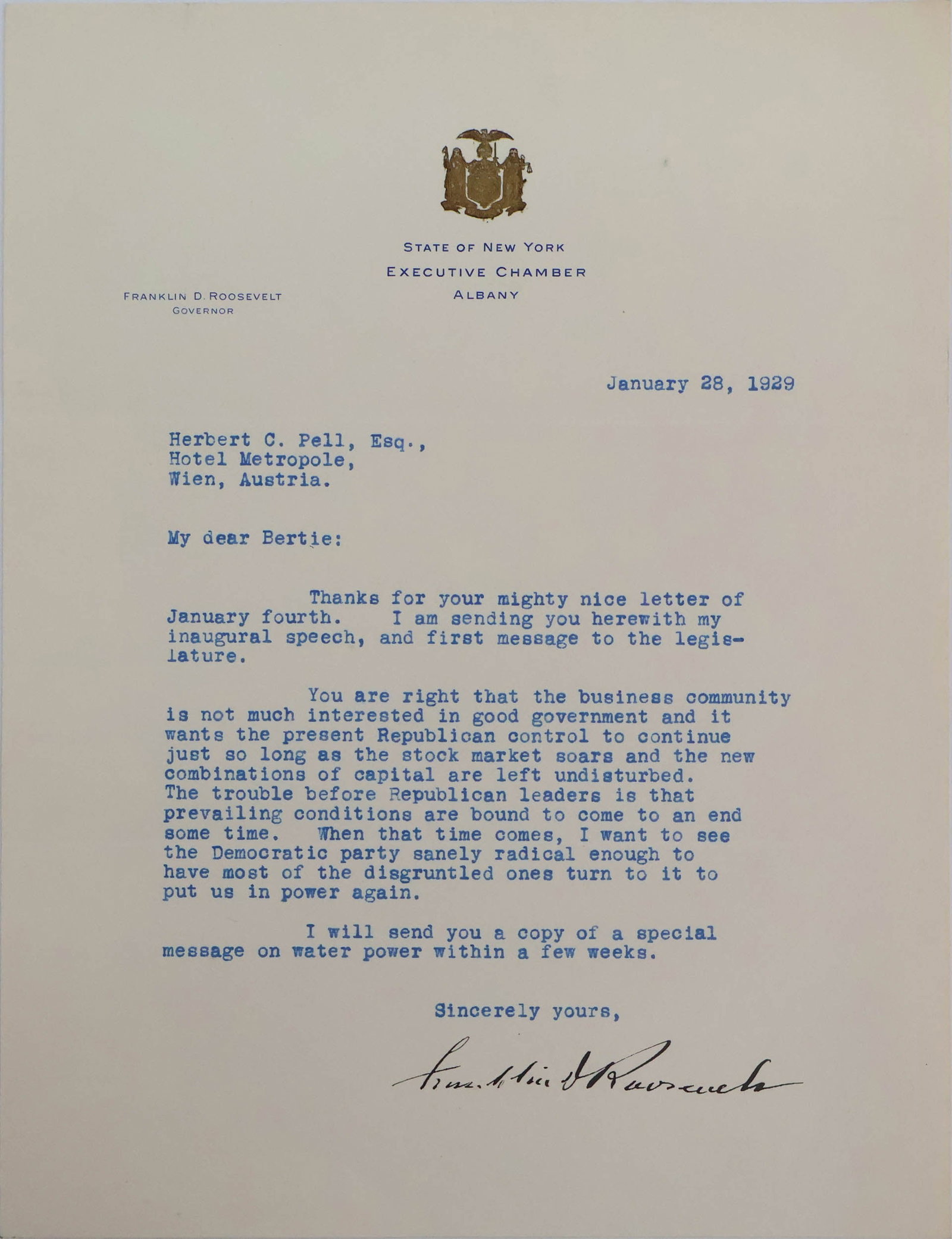 Signed 1929 Letter from Franklin D. Roosevelt (1 of 7)