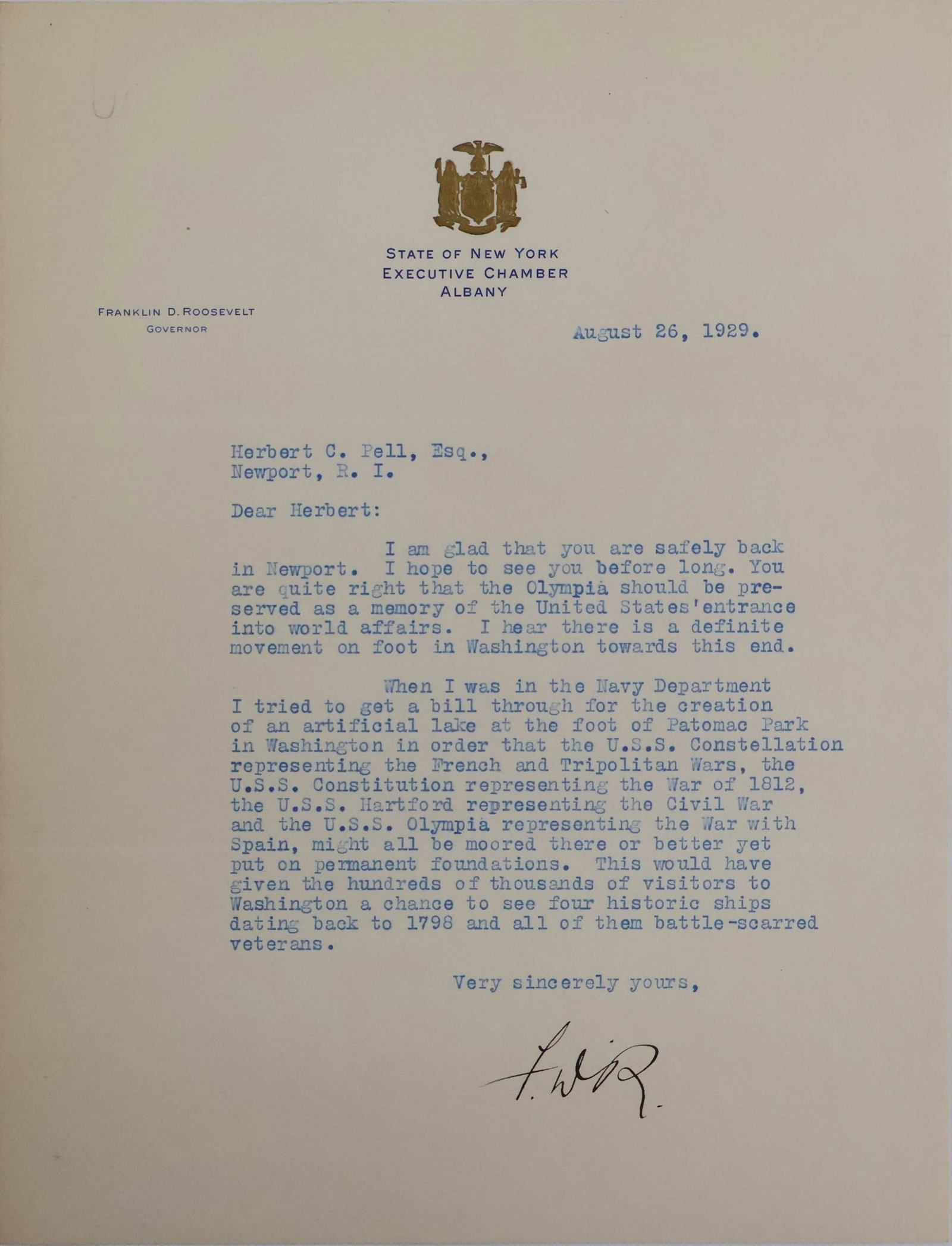 Signed 1929 Letter from Franklin D. Roosevelt (1 of 7)