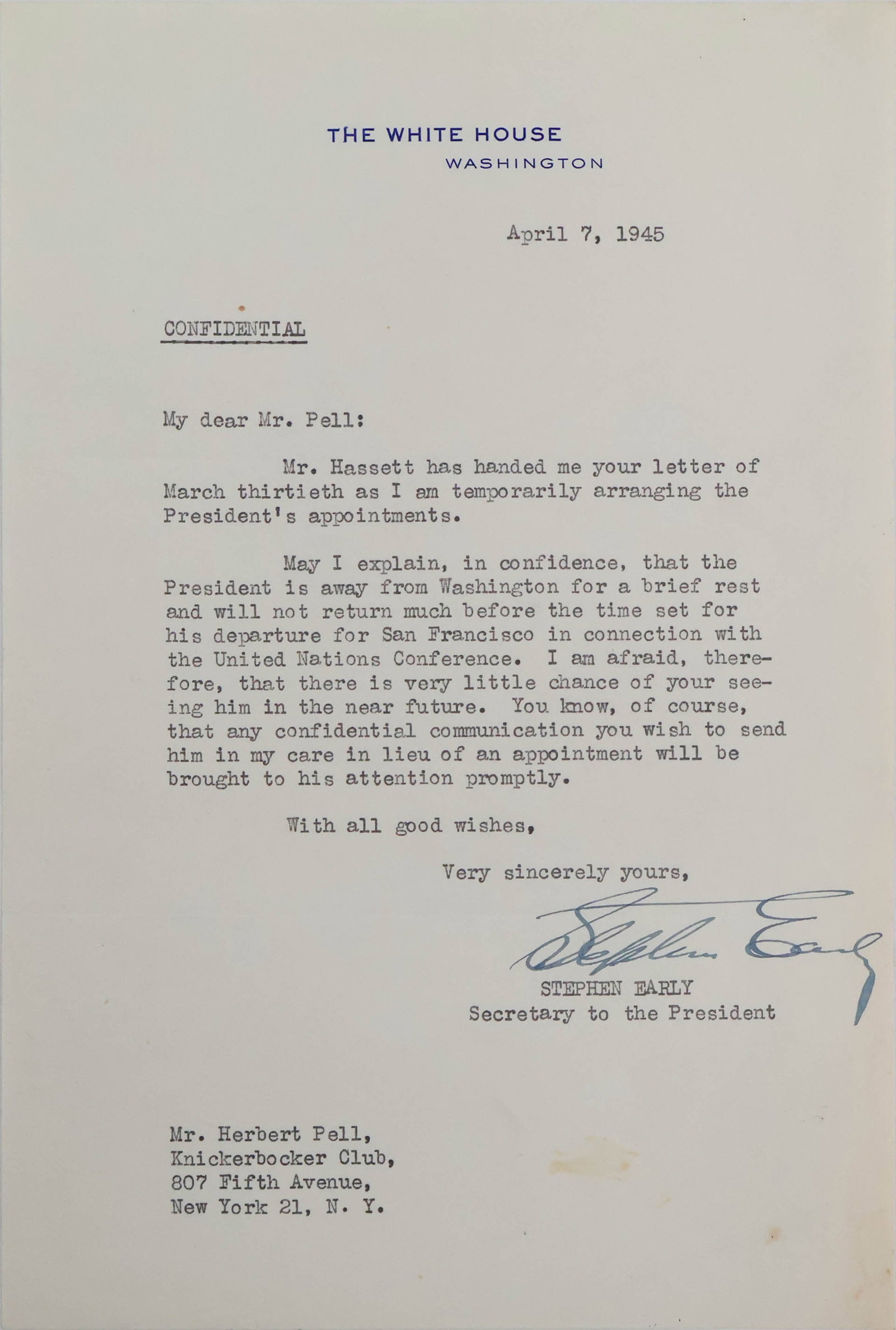 April 7, 1945 Letter from Stephen Early, Secretary to FDR (1 of 8)