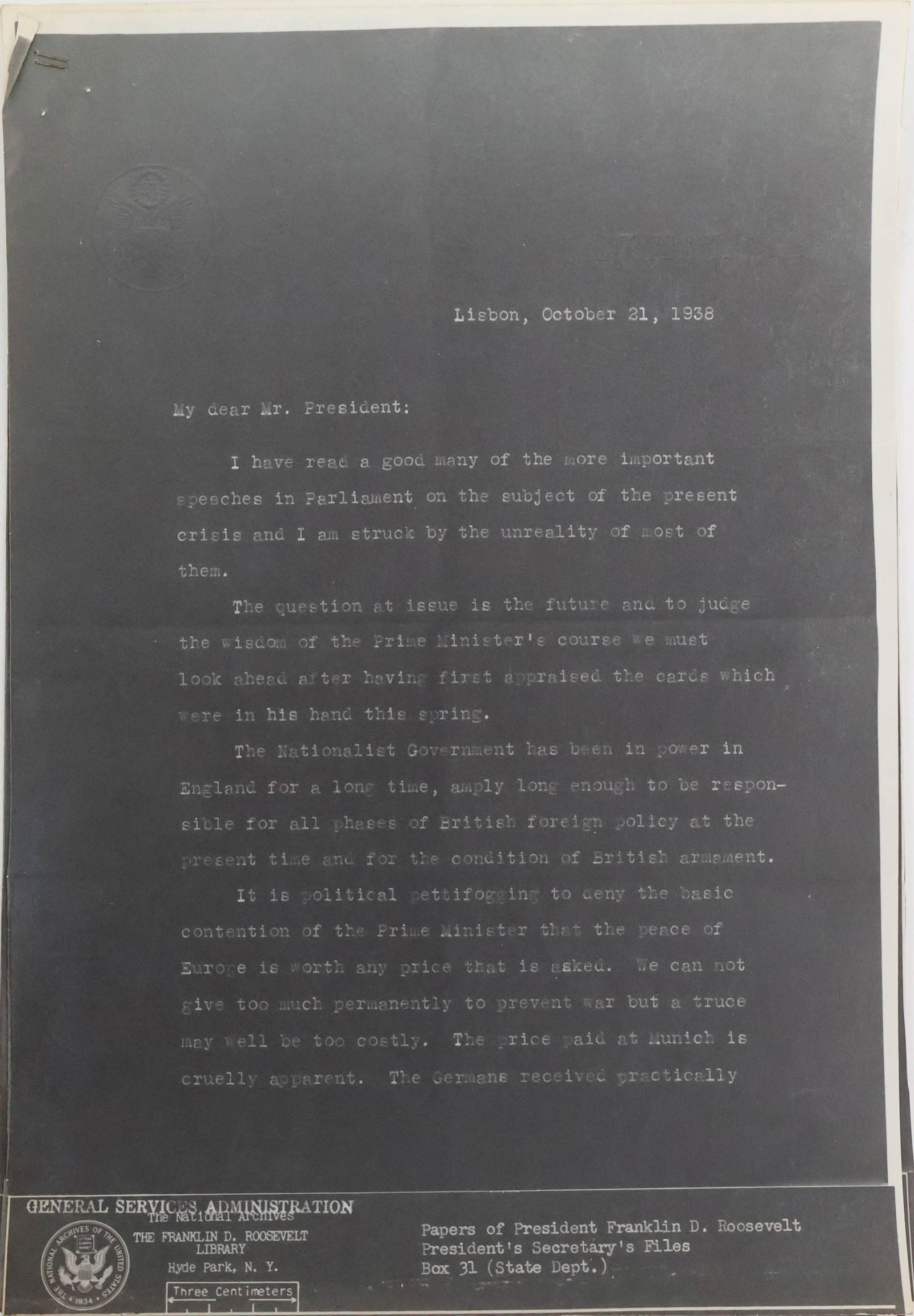 Copy of Herbert Pell's Letter to FDR, Dated 1938: Copy of Herbert Pell's Letter to FDR, Dated 1938 Summing up the crisis in Europe around October 1938, the official copy is in the Franklin D. Roosevelt Library. Provenance: Herbert Claiborne Pell