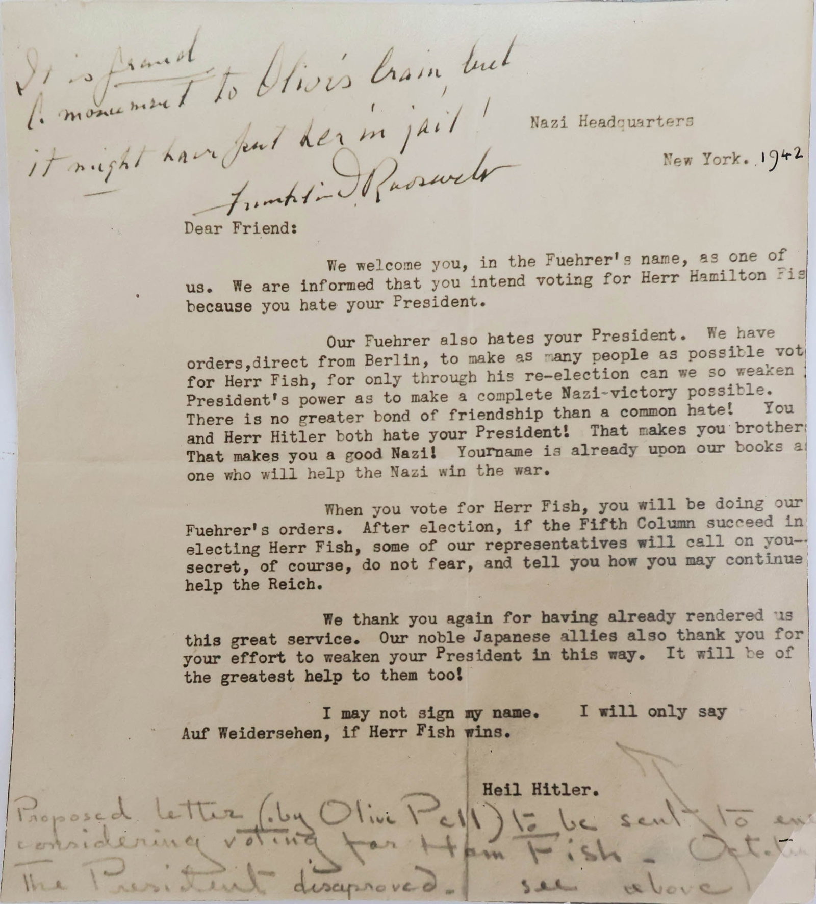 Photograph of a Secret Letter to FDR from Olive Pell: Photograph of a Secret Letter to FDR from Olive Pell Devised by Olive Pell to entrap American Nazis to vote for Fish, but Franklin Roosevelt said not to the plan, as show in the hand writing in the