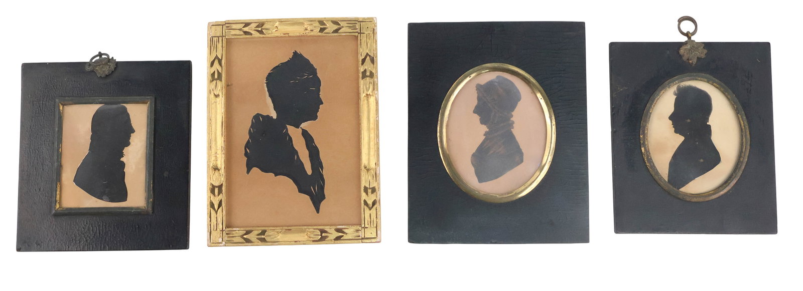 Four Silhouette Miniatures: Four Silhouette Miniatures 19th/20th C. Losses, cracks to glass. Provenance: Senator Claiborne and Nuala Pell, Rhode Island: Thence By Descent Largest Sight: 5 x 3 1/2 in. (12.7 x 8.9 cm.), Frame: