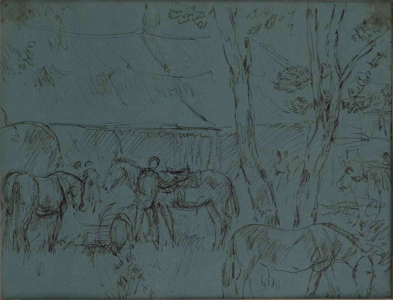 Attributed to Gifford Beal, 1879-1956, Circus Ponies, Ink on Blue Paper: Attributed to Gifford Beal1879-1956Circus PoniesInk on Blue PaperAppears to be unsigned, bears label verso from Kraushaar Galleries.Sight: 8 3/8 x 11 1/8 in. (21.3 x 28.3 cm.), Frame: 13 x 16 7/8 in.