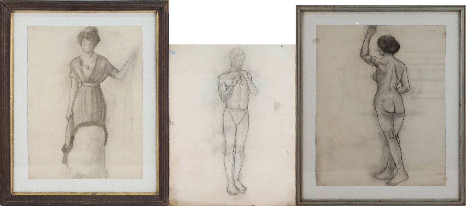 Ruth Durland Horton, 1894, Three Figure Drawings, Pencil on Paper: Ruth Durland Horton 1894 Three Figure Drawings Pencil on Paper Two signed recto and one verso, two double sided pencil drawings of figures, Water damage and losses. Sights: 23 x 18, Frame: 29 x 23