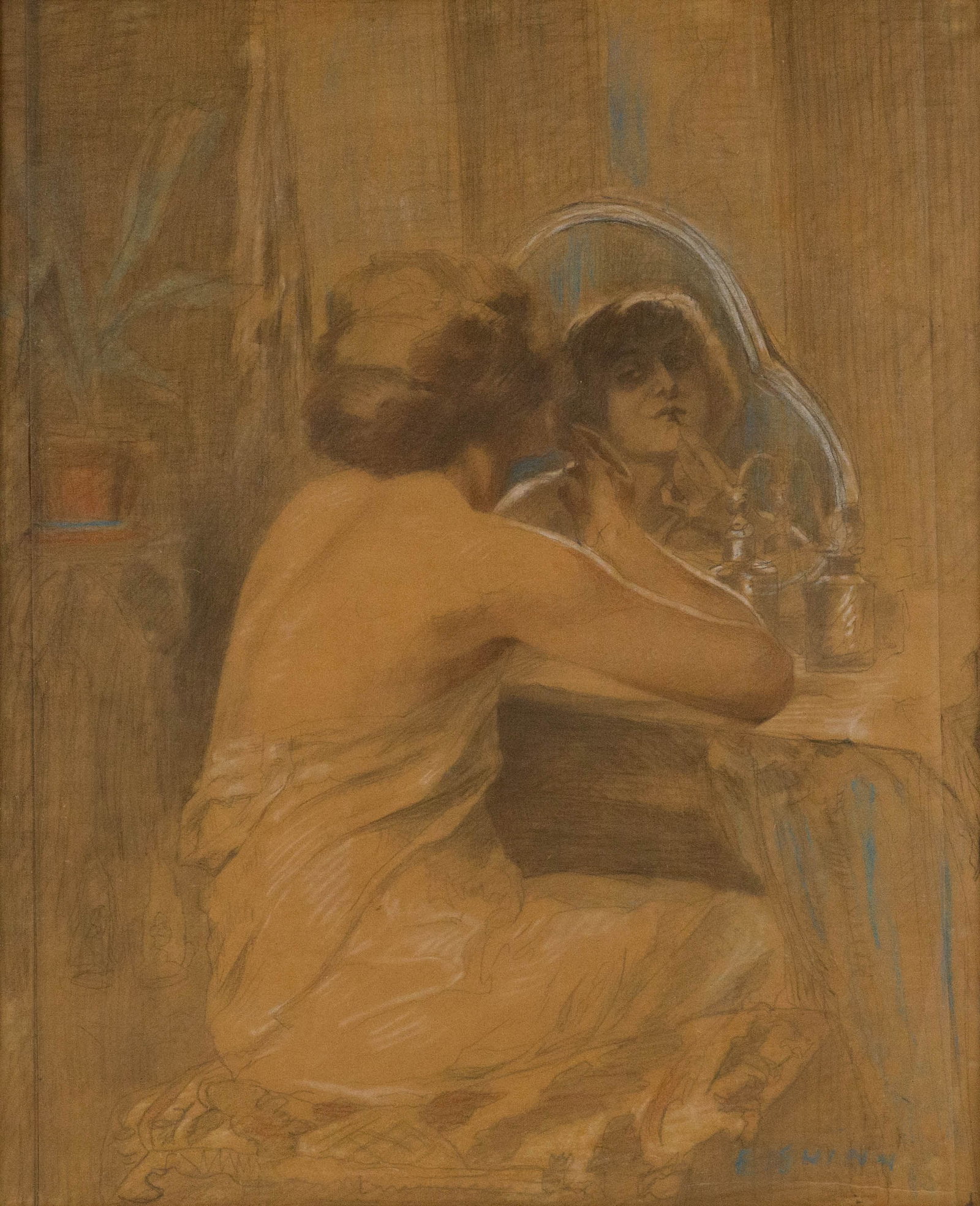 Everett Shinn, 1876-1953, Woman at Vanity Table, Mixed Media on Paper: Everett Shinn 1876-1953 Woman at Vanity Table Mixed Media on Paper Pencil, charcoal, pastel, signed l.r. Creases to paper. Sight: 17 1/2 x 14 in. (44.5 x 35.6 cm.), Frame: 26 1/2 x 23 1/4 in. (67.3