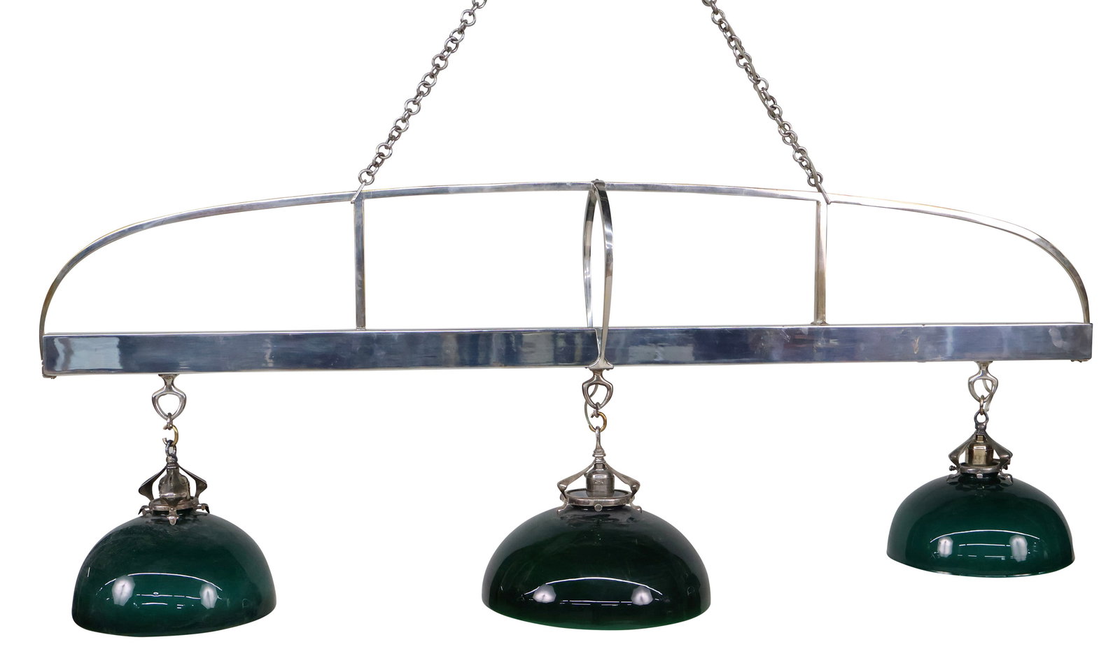 Art Deco Chrome Three Light Billiard Light: Art Deco Chrome Three Light Billiard LightWith green glass shades.43 x 54 x 12 in. (109.2 x 137.2 x 30.5 cm.)